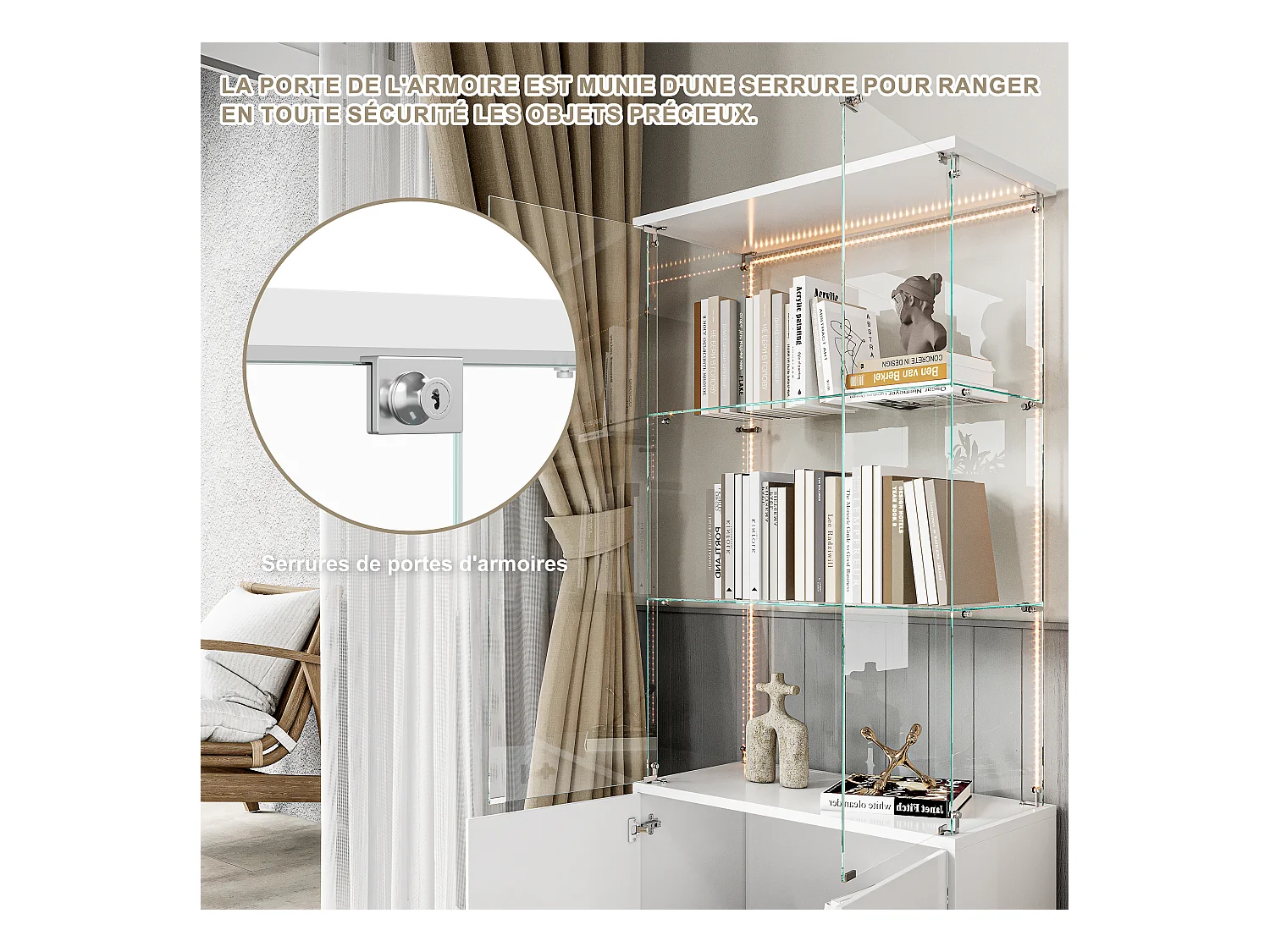 Vitrinekast met 3 planken, kasten en ledverlichting – modern design wit