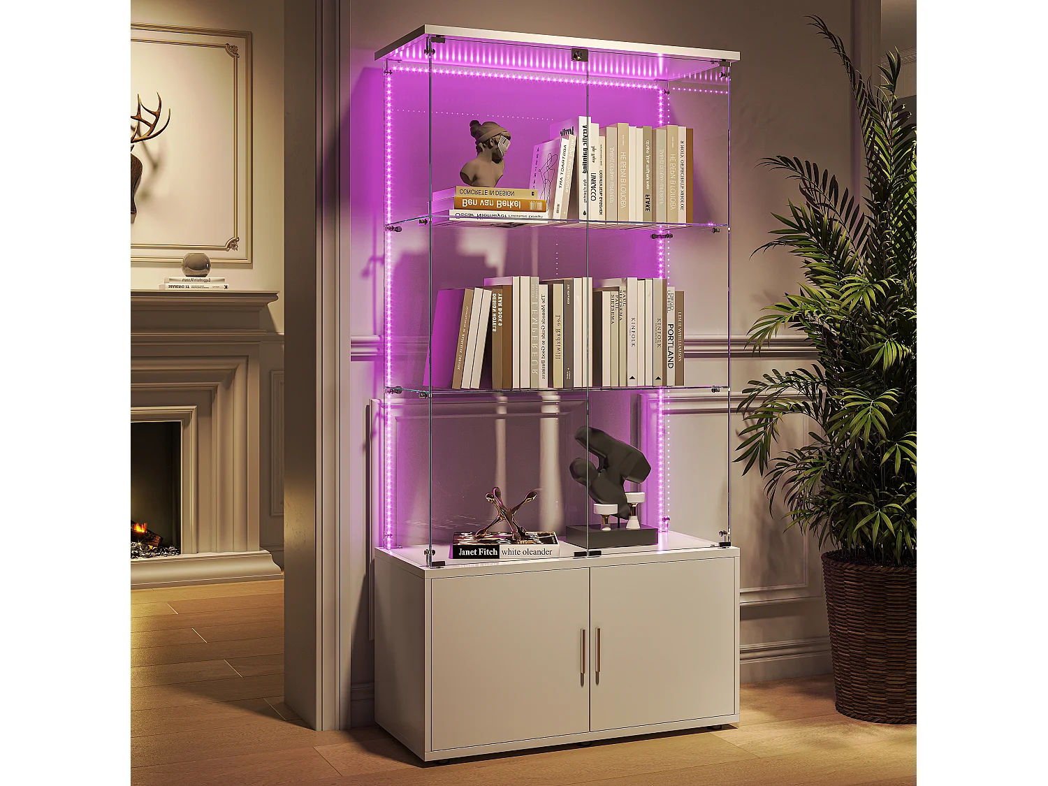 Vitrina de cristal de 3 estantes con gabinetes e iluminación LED – Diseño moderno blanco