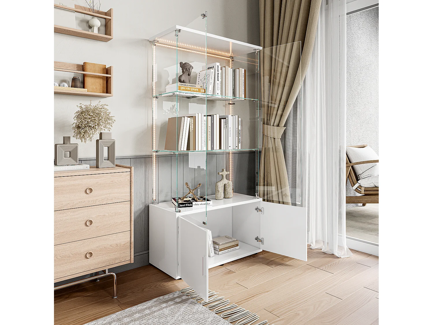 Vitrina de cristal de 3 estantes con gabinetes e iluminación LED – Diseño moderno blanco