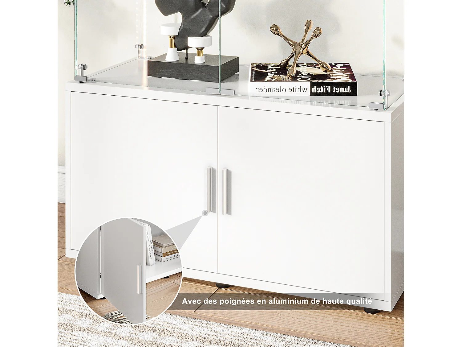 Vitrina de cristal de 3 estantes con gabinetes e iluminación LED – Diseño moderno blanco