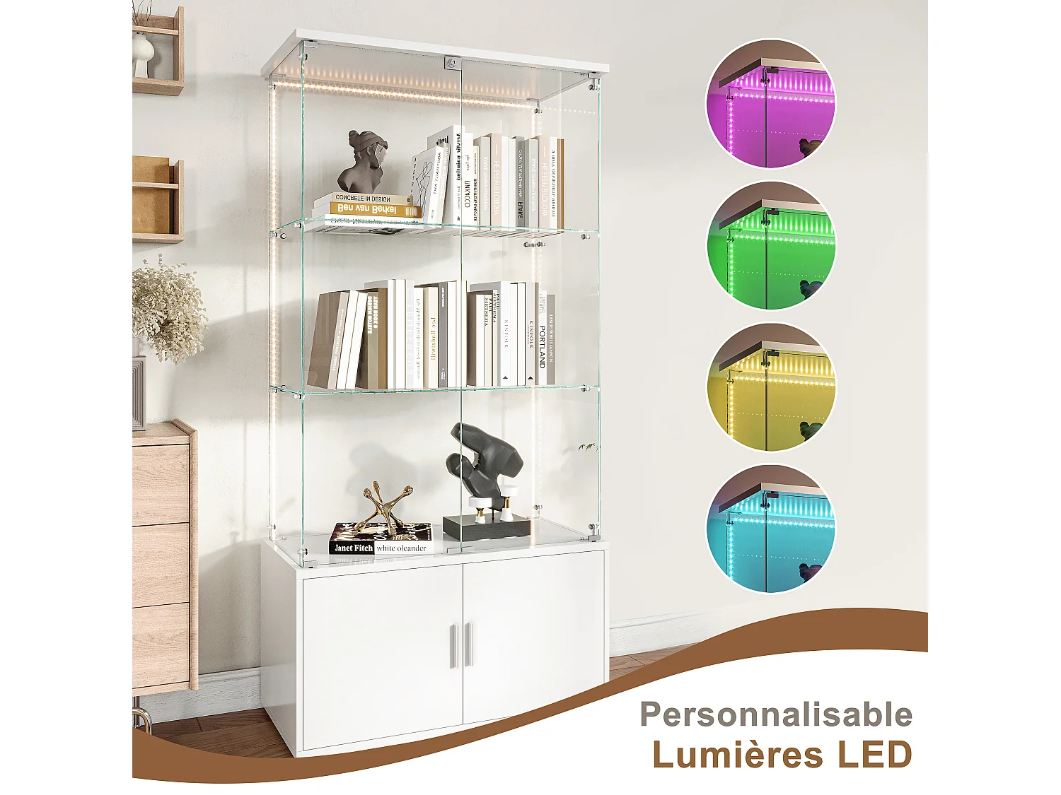 Vitrina de cristal de 3 estantes con gabinetes e iluminación LED – Diseño moderno blanco