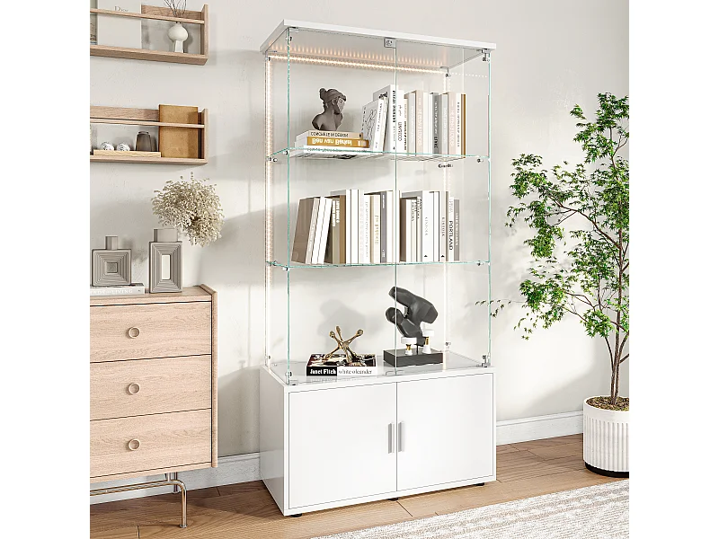 Vitrine en verre 3 étagères avec armoires et éclairage LED – Design moderne Blanc