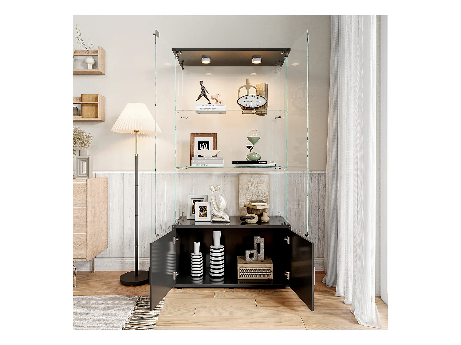 Vitrinekast met 3 planken, kasten en ledverlichting - modern zwart design