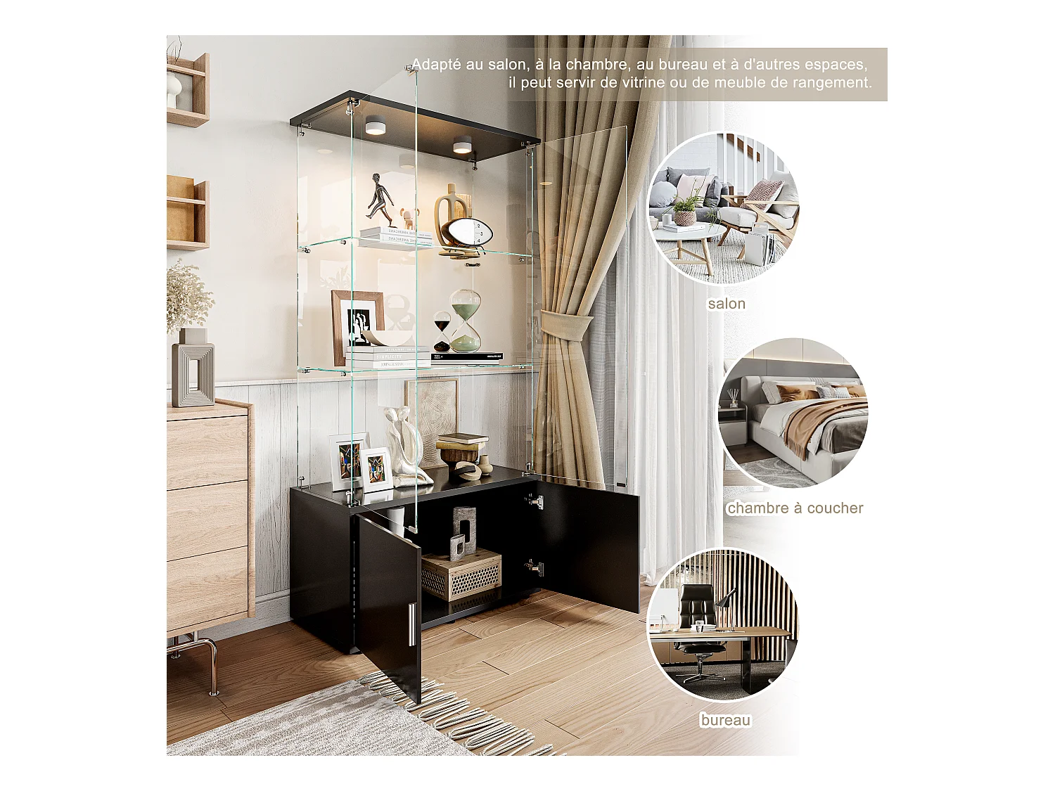 Vitrinekast met 3 planken, kasten en ledverlichting - modern zwart design