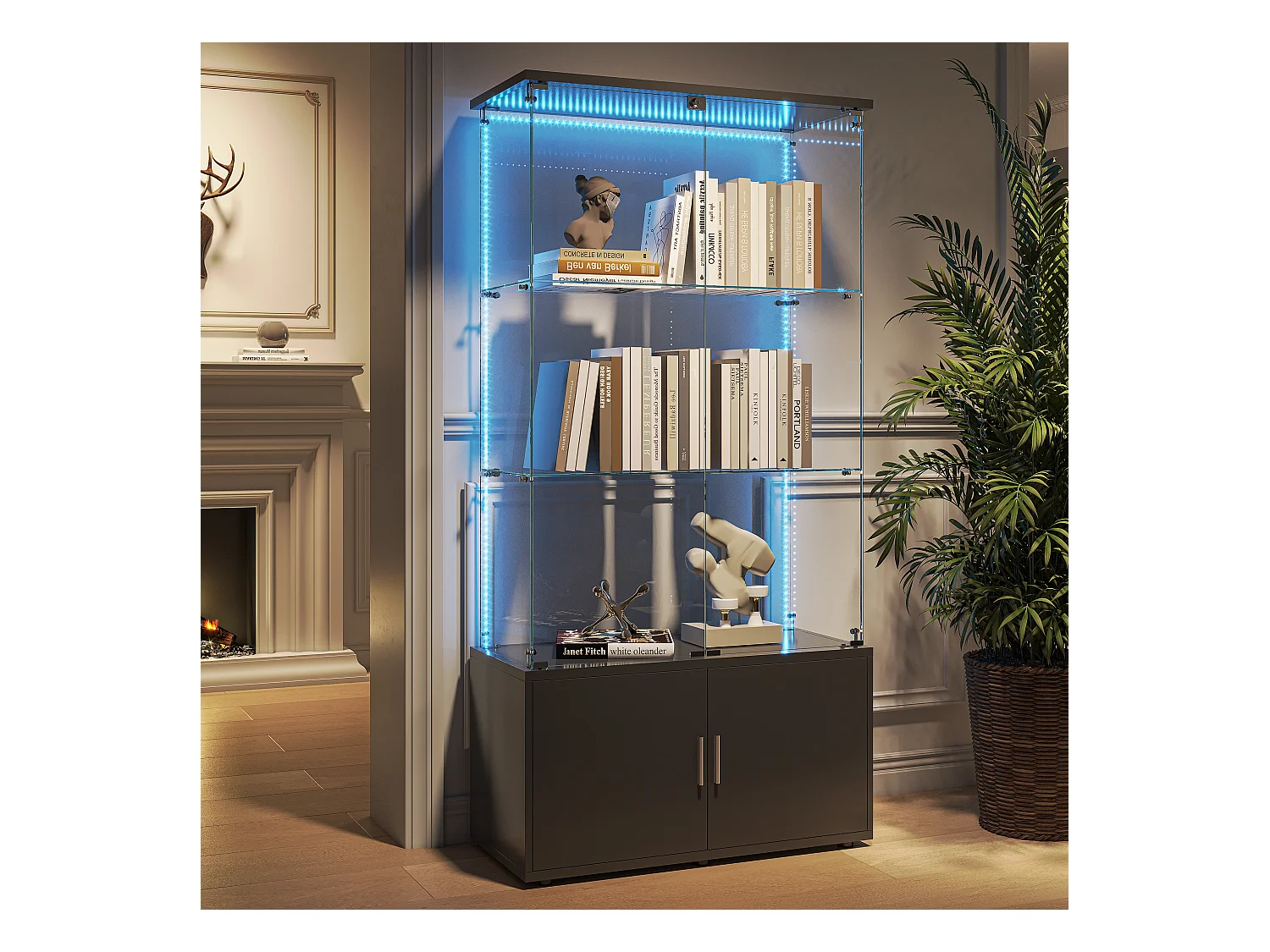 Vitrinekast met 3 planken, kasten en ledverlichting - modern zwart design