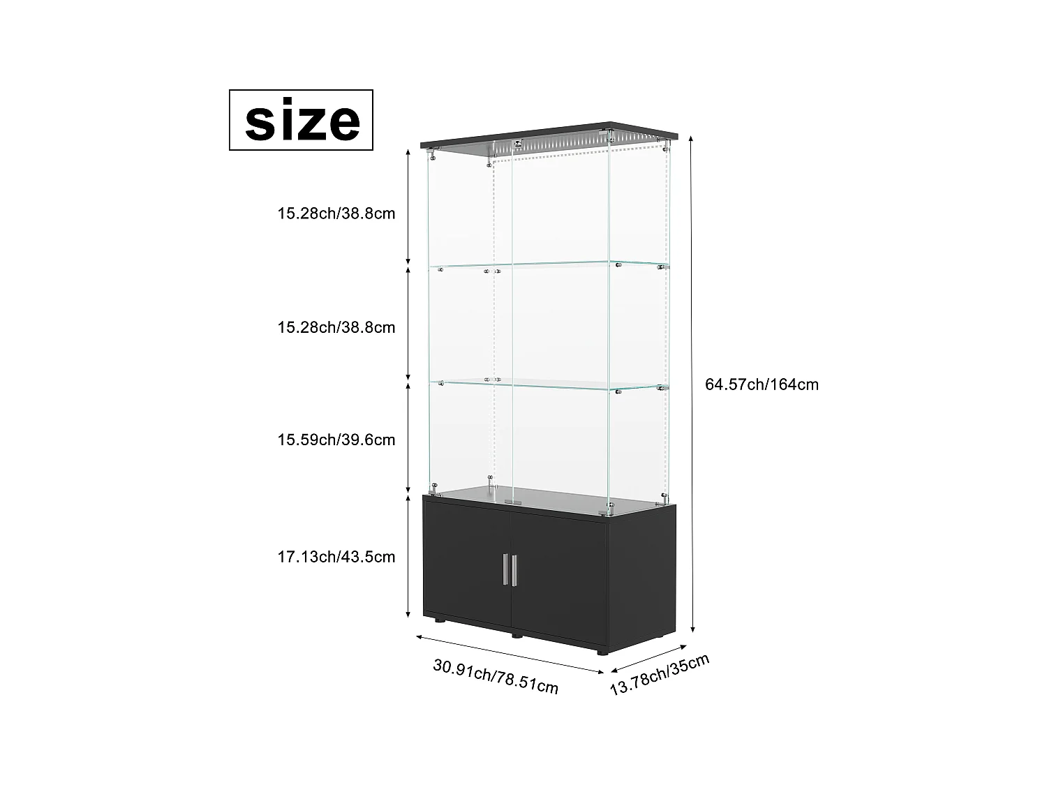 Vitrinekast met 3 planken, kasten en ledverlichting - modern zwart design