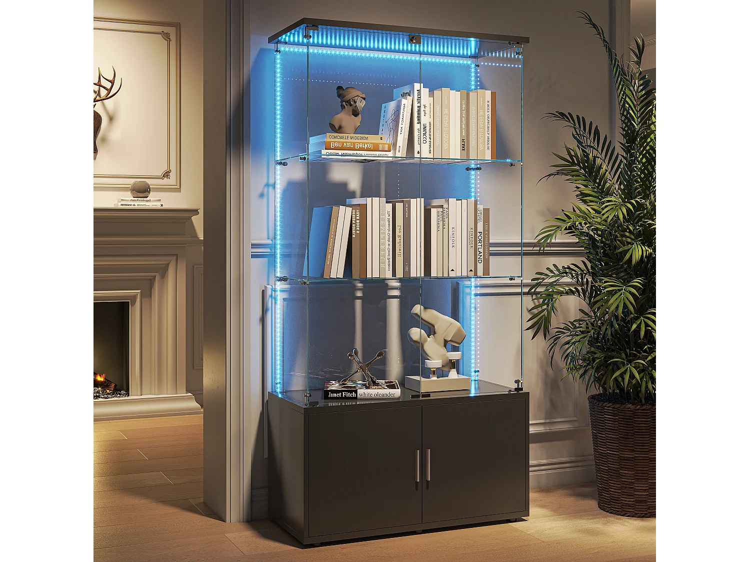 Vitrine en verre 3 étagères avec armoires et éclairage LED – Design moderne noir