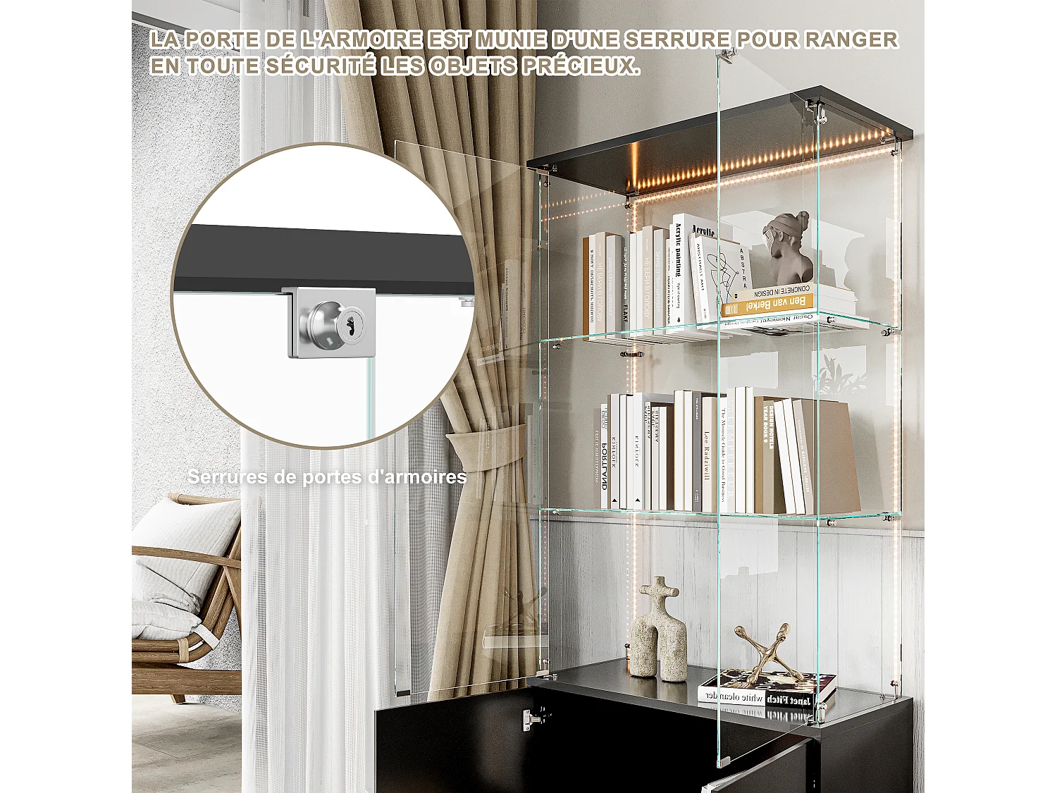 Vitrine en verre 3 étagères avec armoires et éclairage LED – Design moderne noir