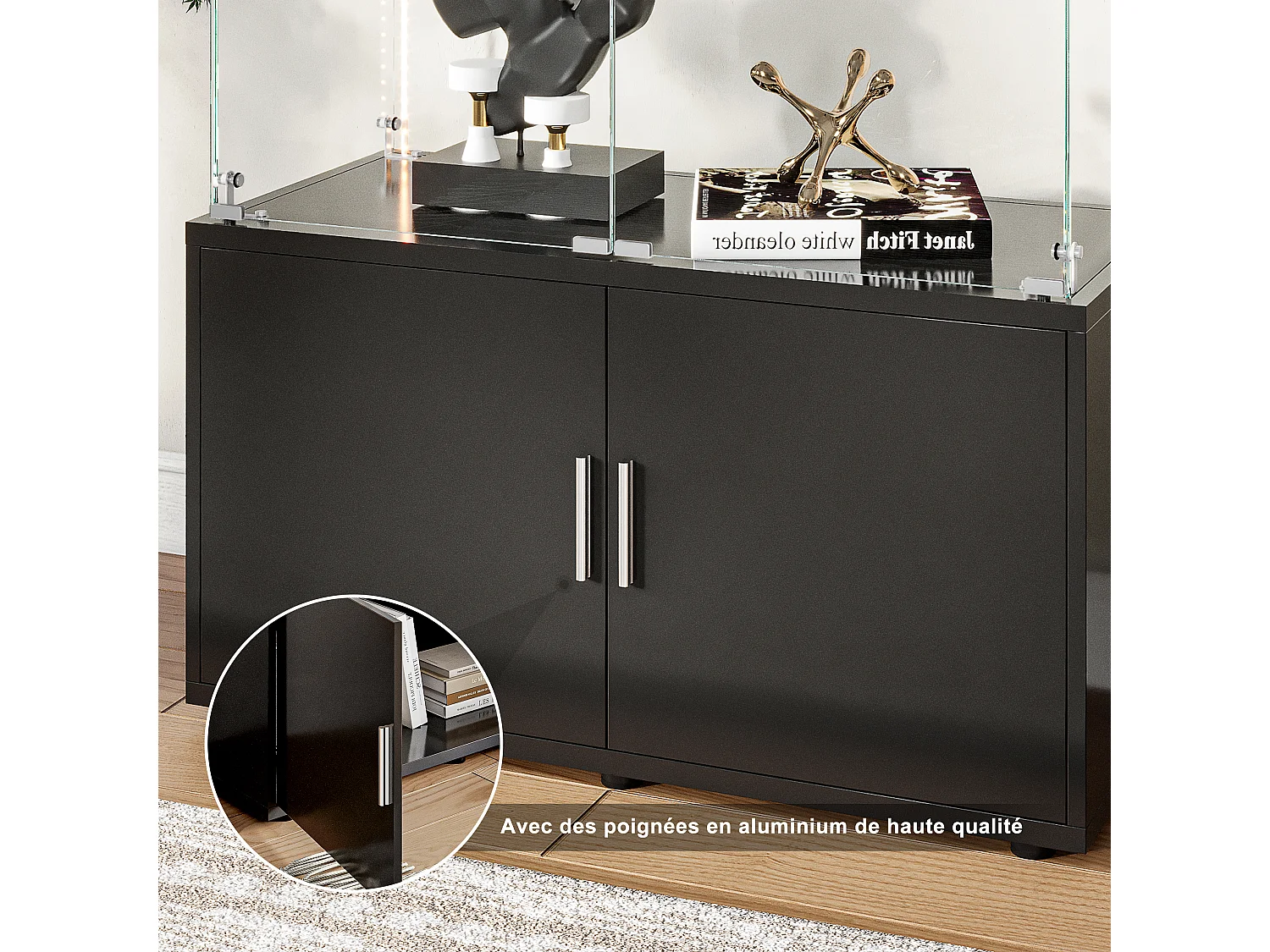 Vitrine en verre 3 étagères avec armoires et éclairage LED – Design moderne noir