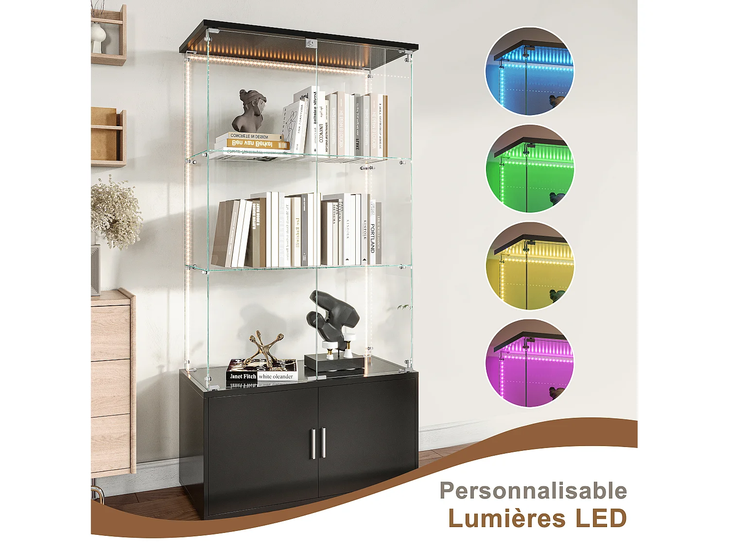 Vitrine en verre 3 étagères avec armoires et éclairage LED – Design moderne noir