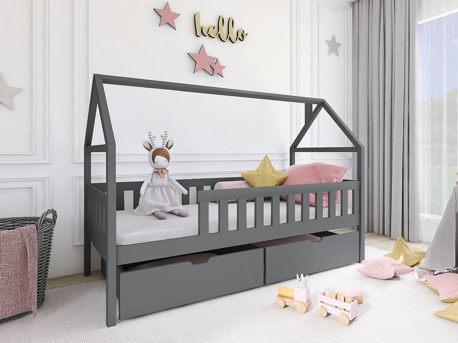 Lit Vista 116, Unique, Gris, 90x200, Bois, Disponible, 96x208x138cm