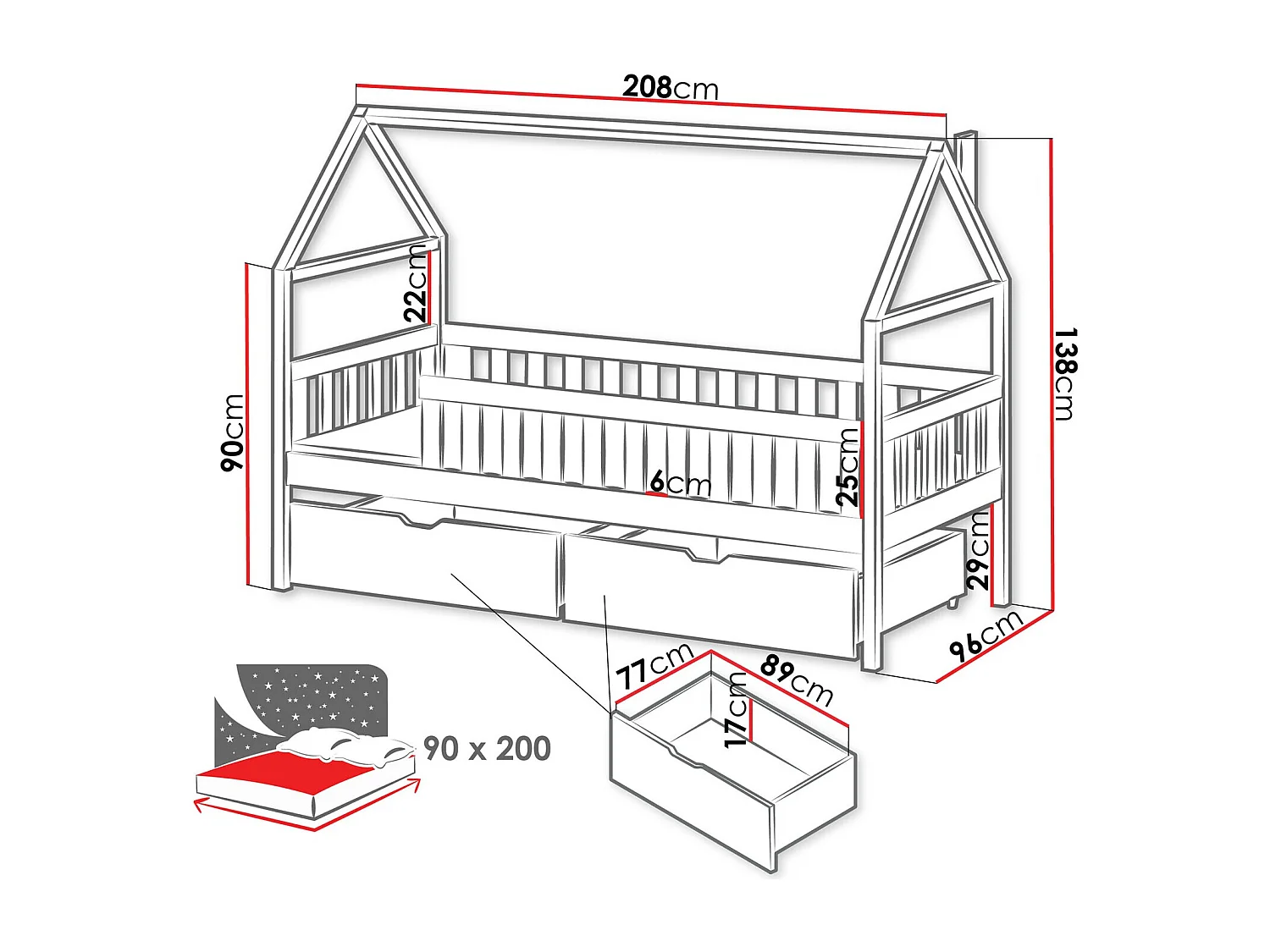 Lit Vista 116, Unique, Gris, 90x200, Bois, Disponible, 96x208x138cm