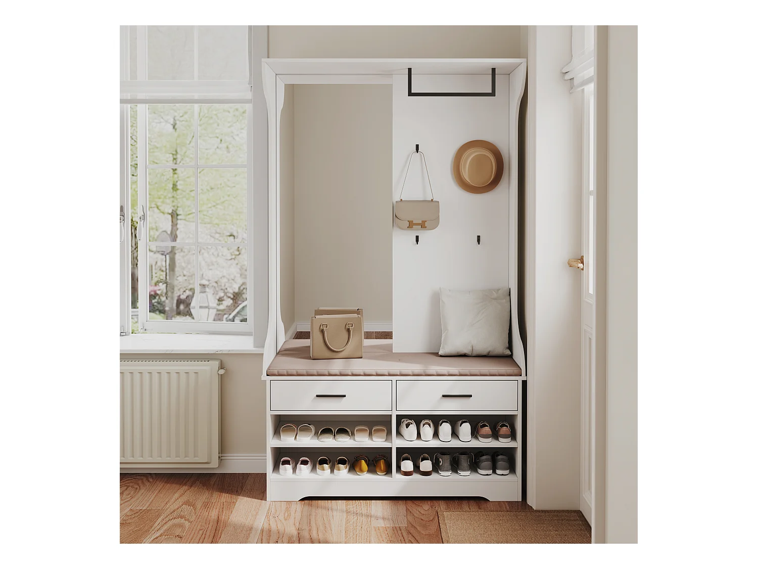 Flurschrank mit Spiegel, Haken, Stange und Schuhablage