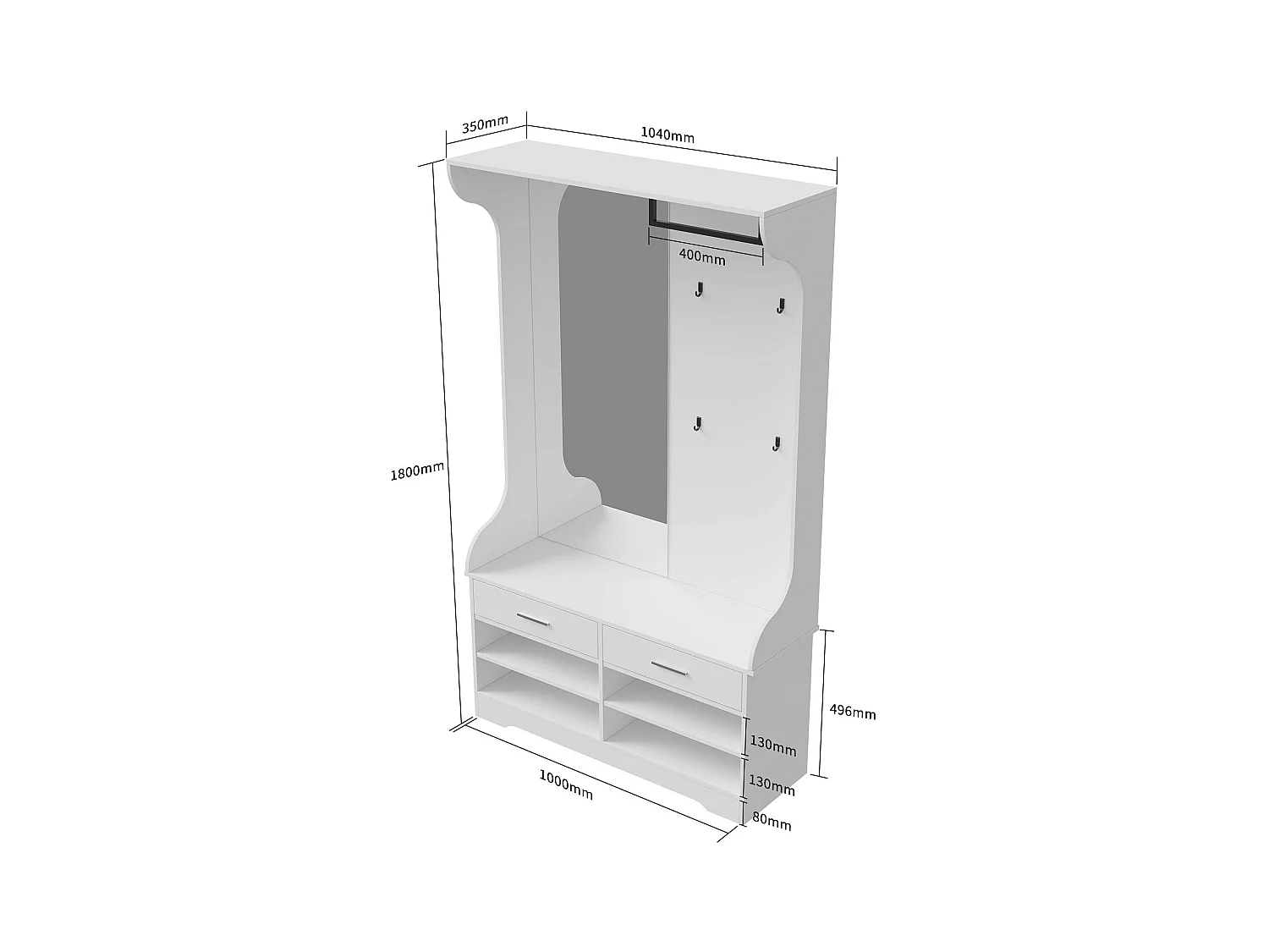 Flurschrank mit Spiegel, Haken, Stange und Schuhablage