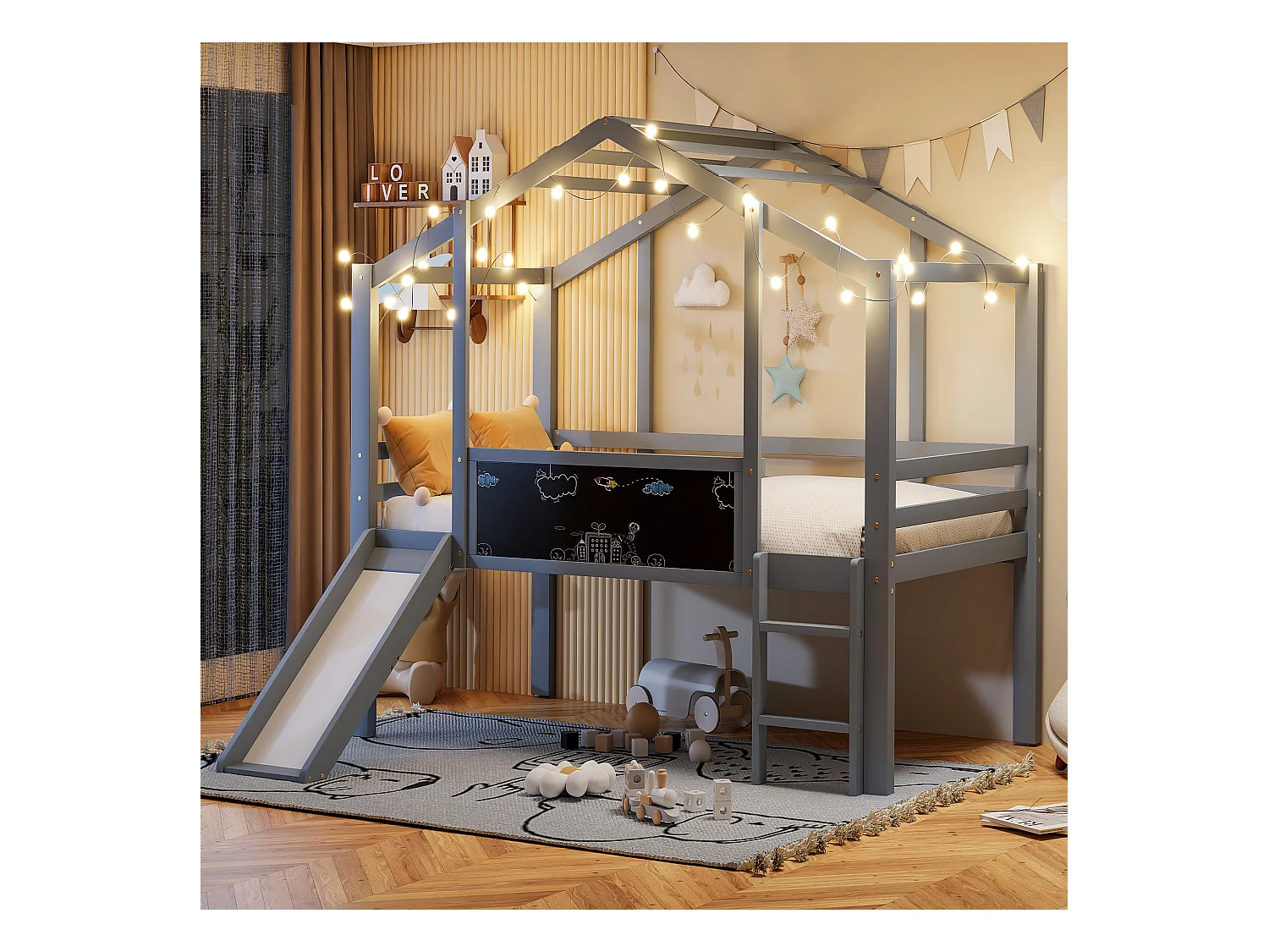 Letto a soppalco per bambini 90x200cm con lavagna e scivolo, rete a doghe, grigio