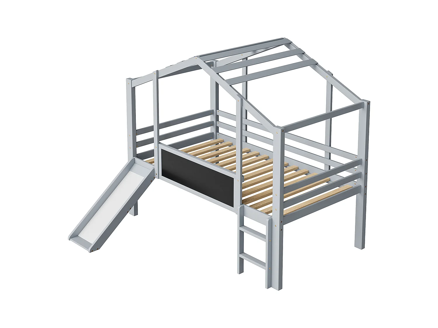 Letto a soppalco per bambini 90x200cm con lavagna e scivolo, rete a doghe, grigio