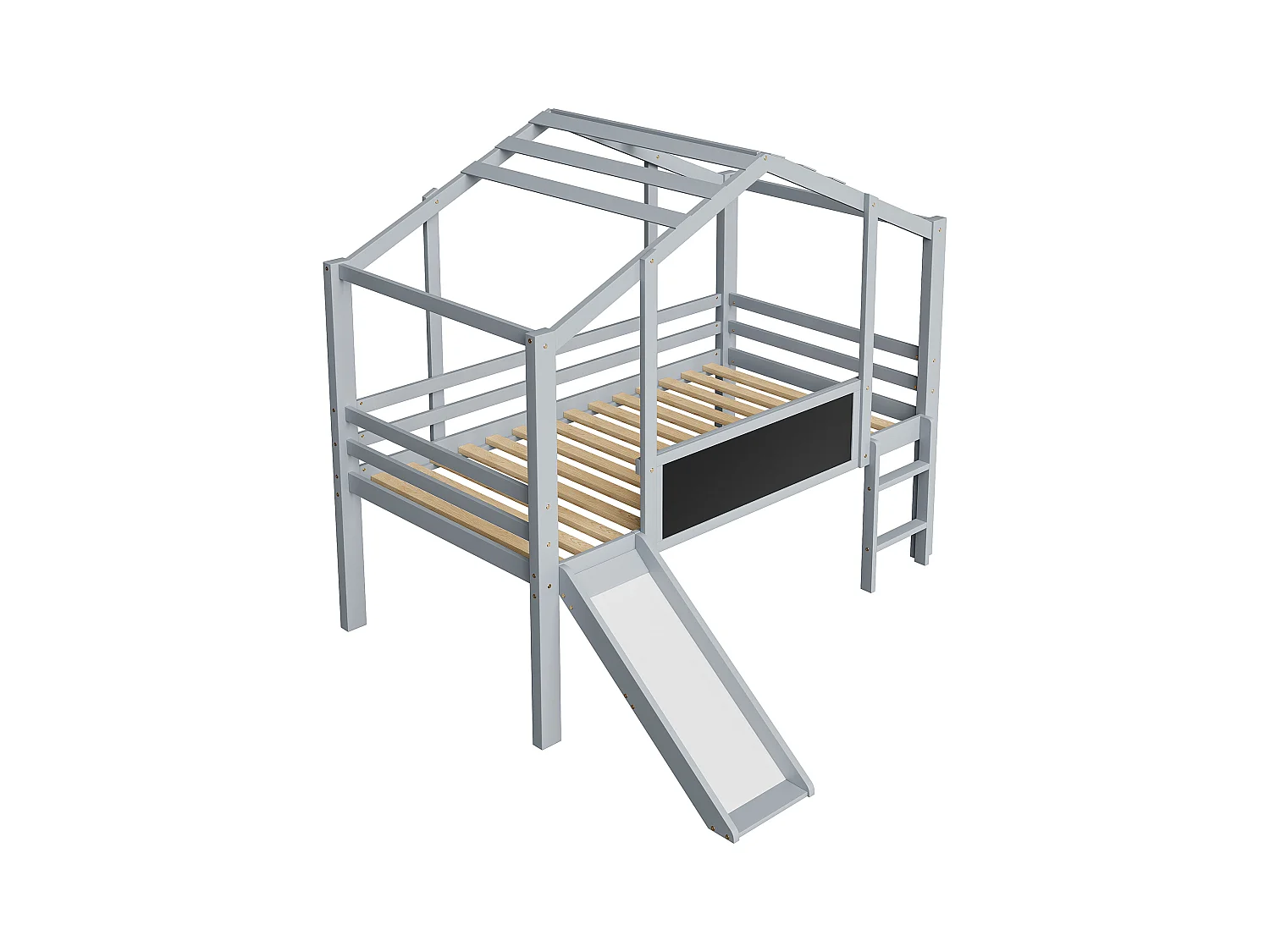 Letto a soppalco per bambini 90x200cm con lavagna e scivolo, rete a doghe, grigio