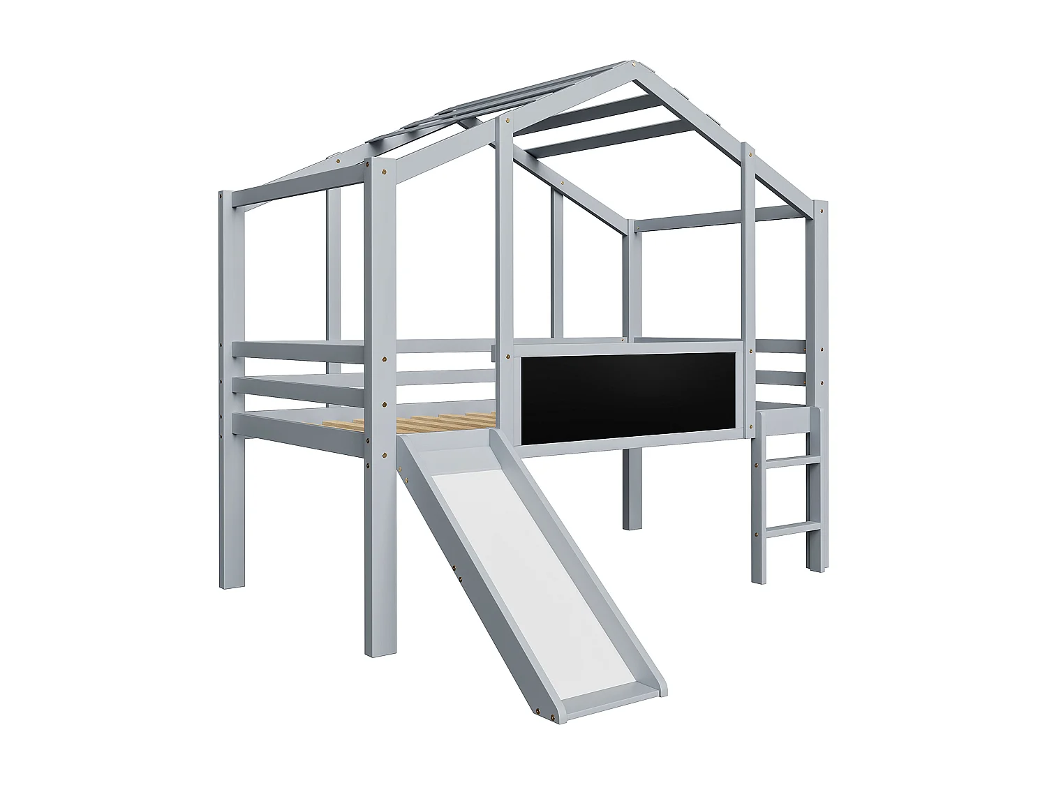 Letto a soppalco per bambini 90x200cm con lavagna e scivolo, rete a doghe, grigio