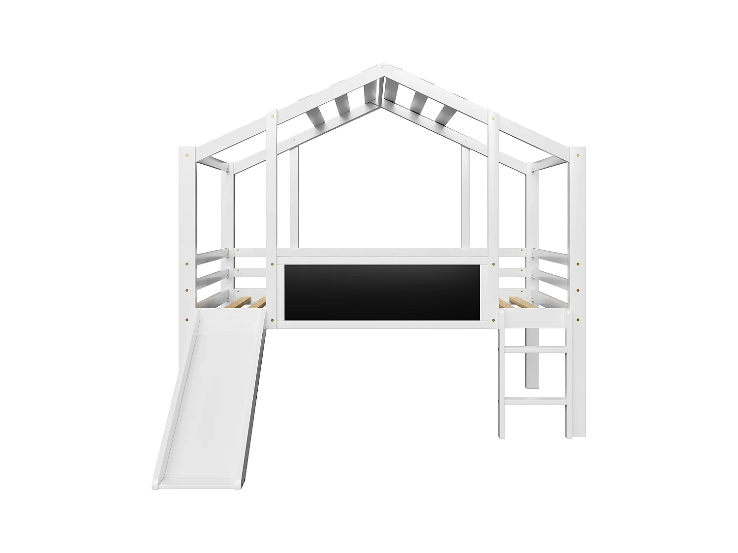 Letto a soppalco per bambini 90x200cm con lavagna e scivolo, rete a doghe, bianco