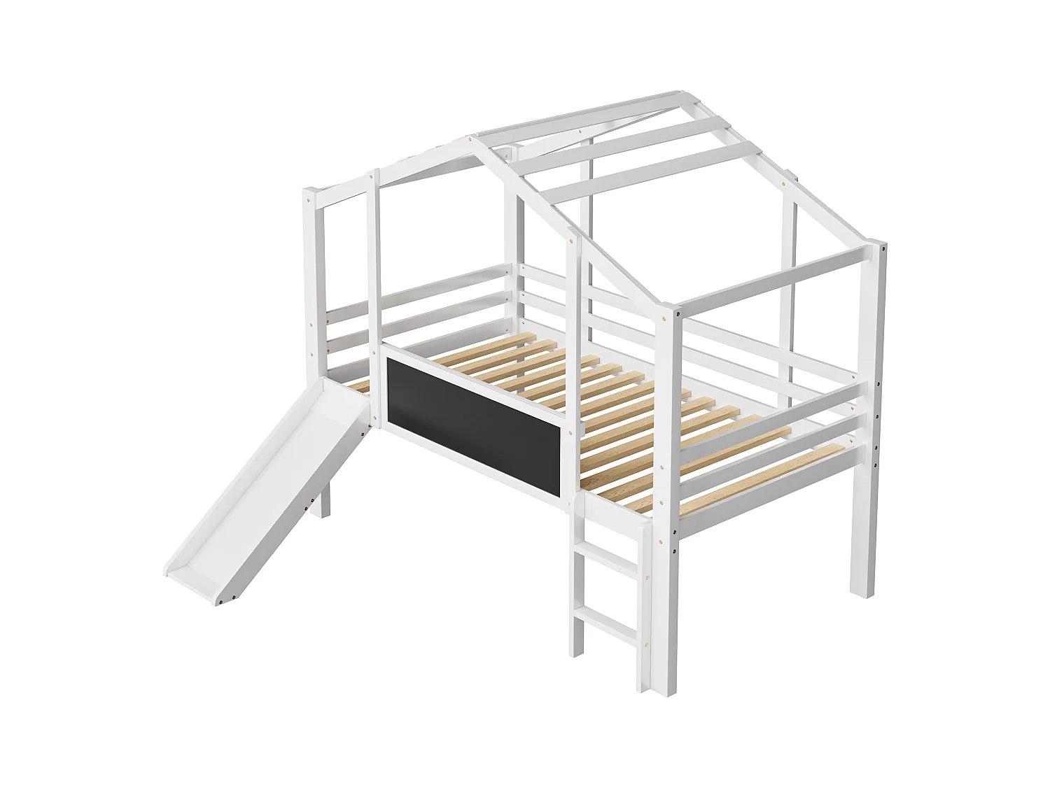 Letto a soppalco per bambini 90x200cm con lavagna e scivolo, rete a doghe, bianco