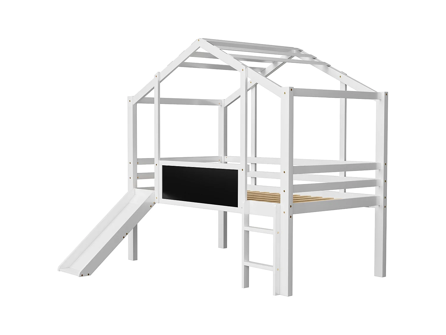 Letto a soppalco per bambini 90x200cm con lavagna e scivolo, rete a doghe, bianco