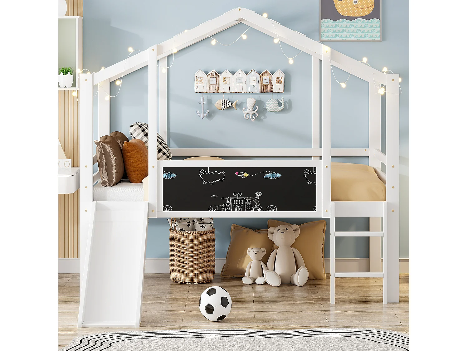 Lit mi-hauteur cabane enfant 90x200cm avec tableau noir et toboggan, sommier à lattes, blanc