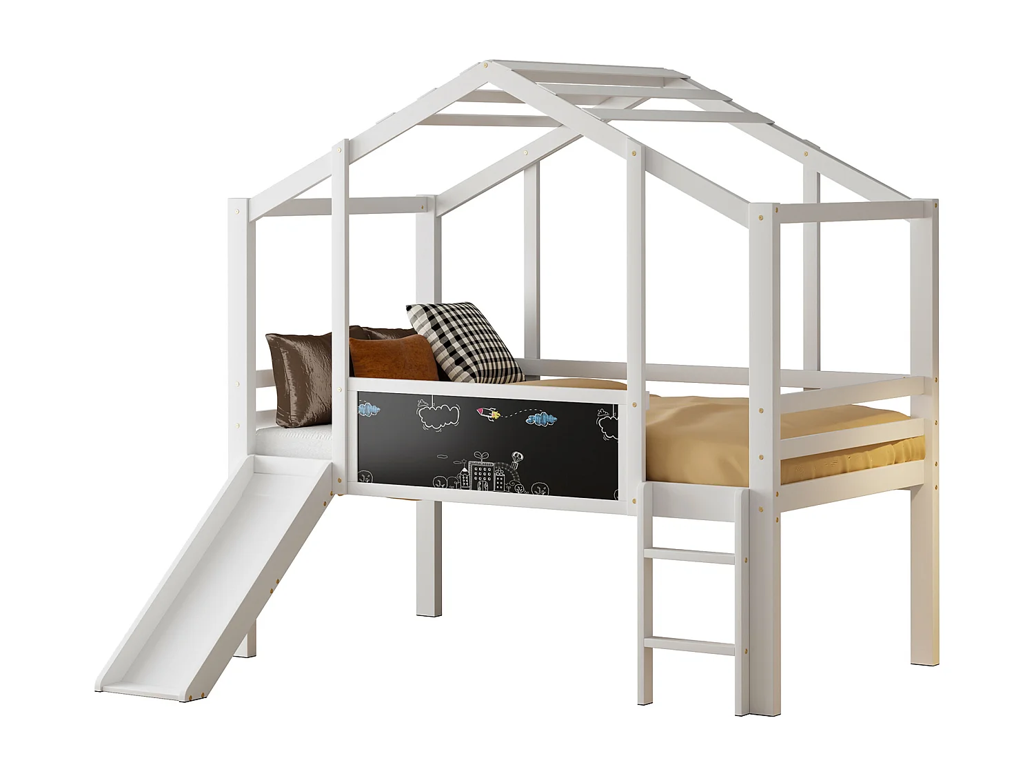 Lit mi-hauteur cabane enfant 90x200cm avec tableau noir et toboggan, sommier à lattes, blanc