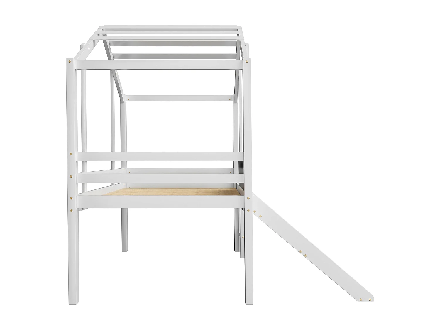 Lit mi-hauteur cabane enfant 90x200cm avec tableau noir et toboggan, sommier à lattes, blanc