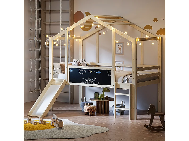 Lit mi-hauteur cabane enfant 90x200cm avec tableau noir et toboggan, sommier à lattes, couleur naturel