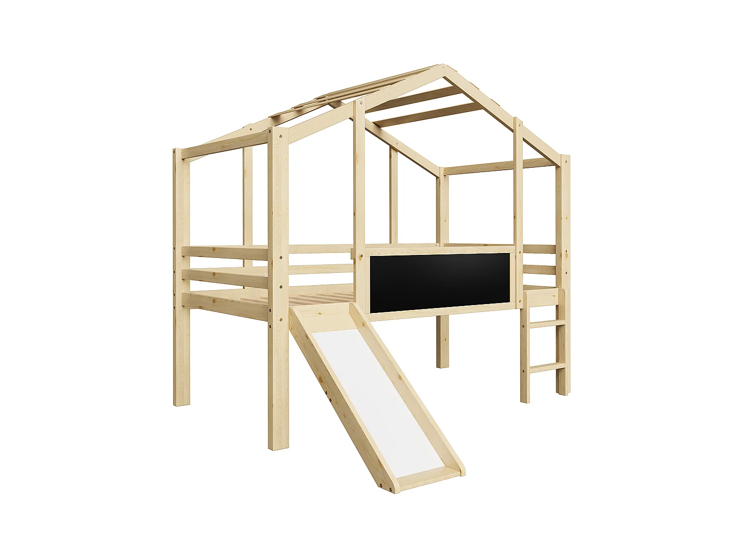 Letto a soppalco per bambini 90x200cm con lavagna e scivolo, rete a doghe, colore naturale