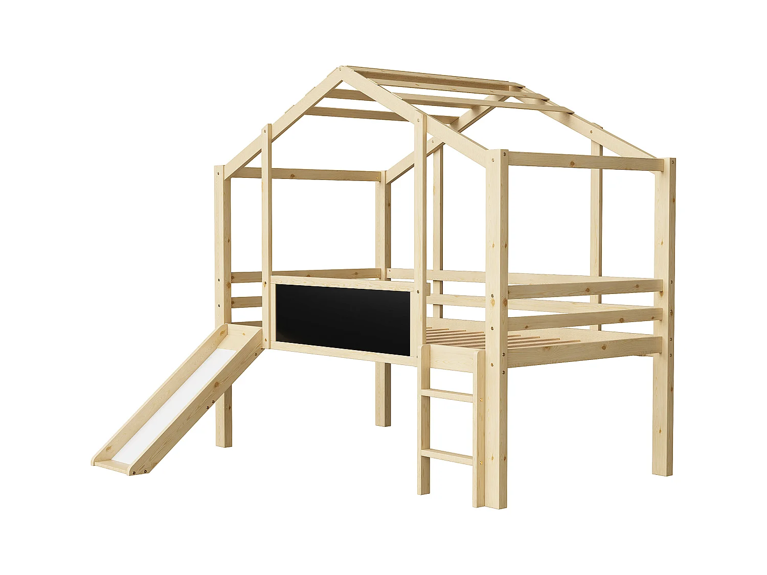 Letto a soppalco per bambini 90x200cm con lavagna e scivolo, rete a doghe, colore naturale