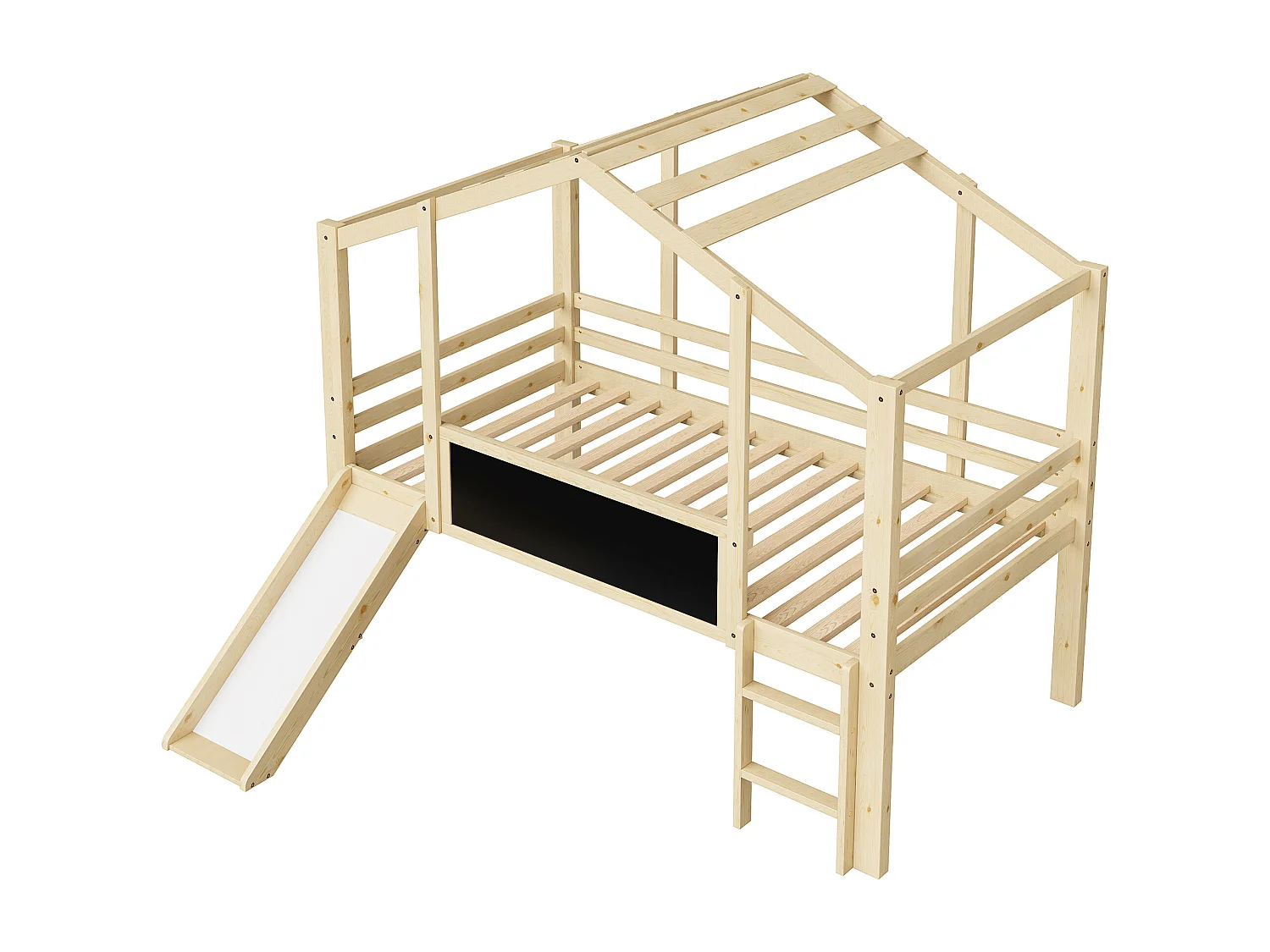 Letto a soppalco per bambini 90x200cm con lavagna e scivolo, rete a doghe, colore naturale