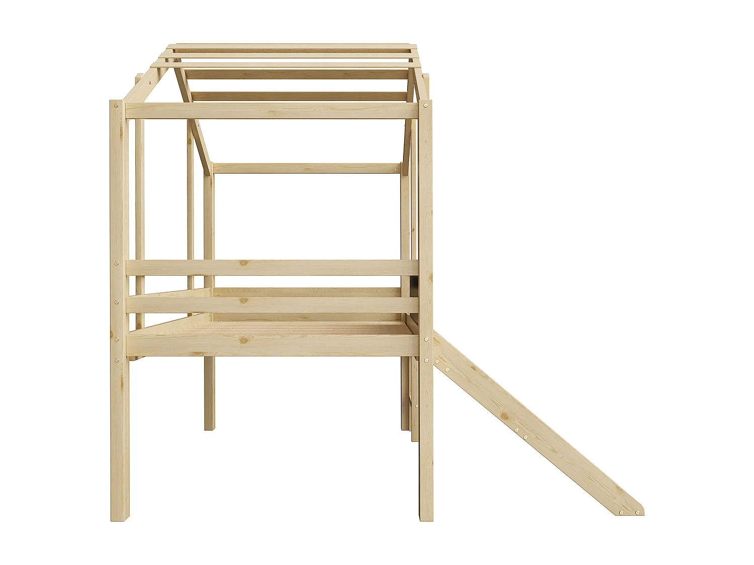 Letto a soppalco per bambini 90x200cm con lavagna e scivolo, rete a doghe, colore naturale