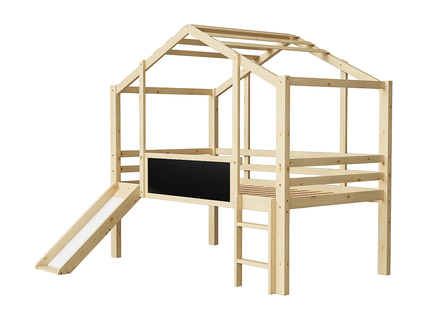 Letto a soppalco per bambini 90x200cm con lavagna e scivolo, rete a doghe, colore naturale