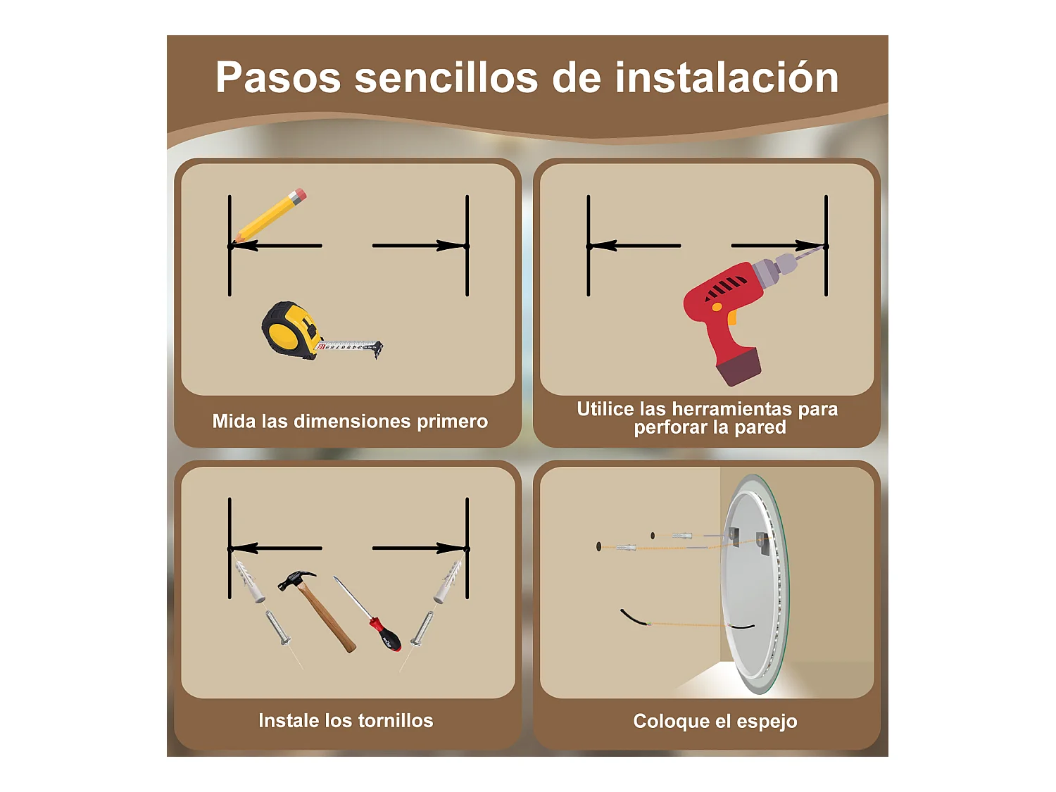 AICA Espejo de baño con iluminación LED Espejo redondo,60 cm,  antivaho, brillo ajustable, memoria de apagado