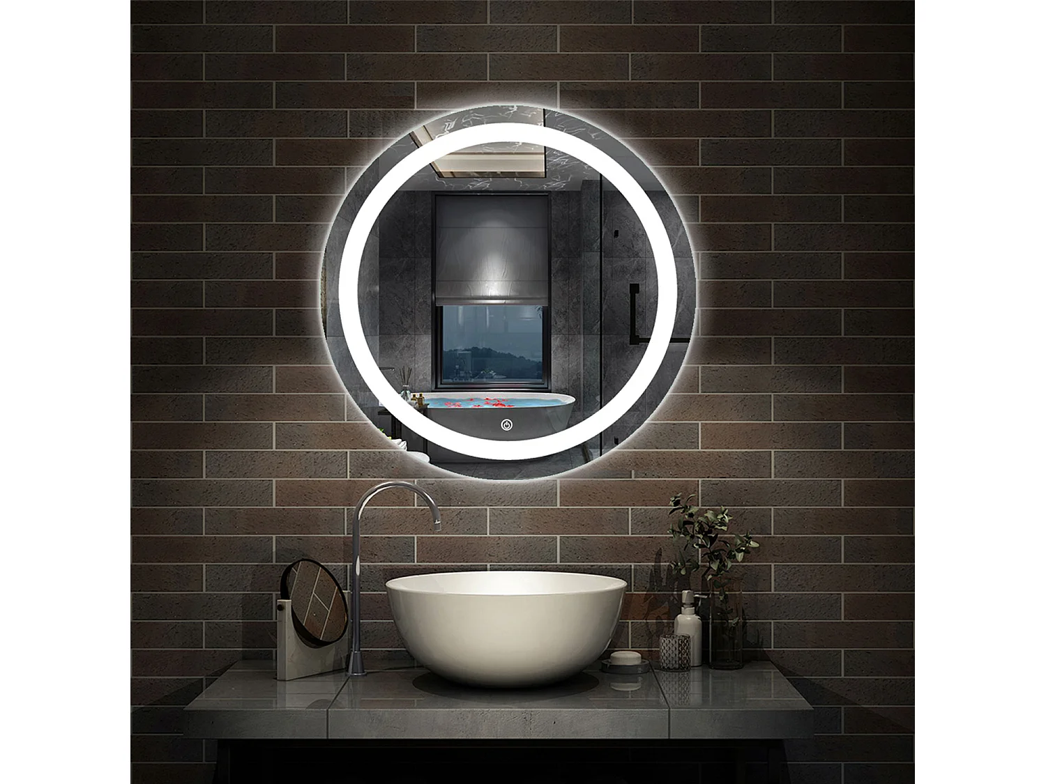 AICA Espejo de baño con iluminación LED Espejo redondo,60 cm,  antivaho, brillo ajustable, memoria de apagado