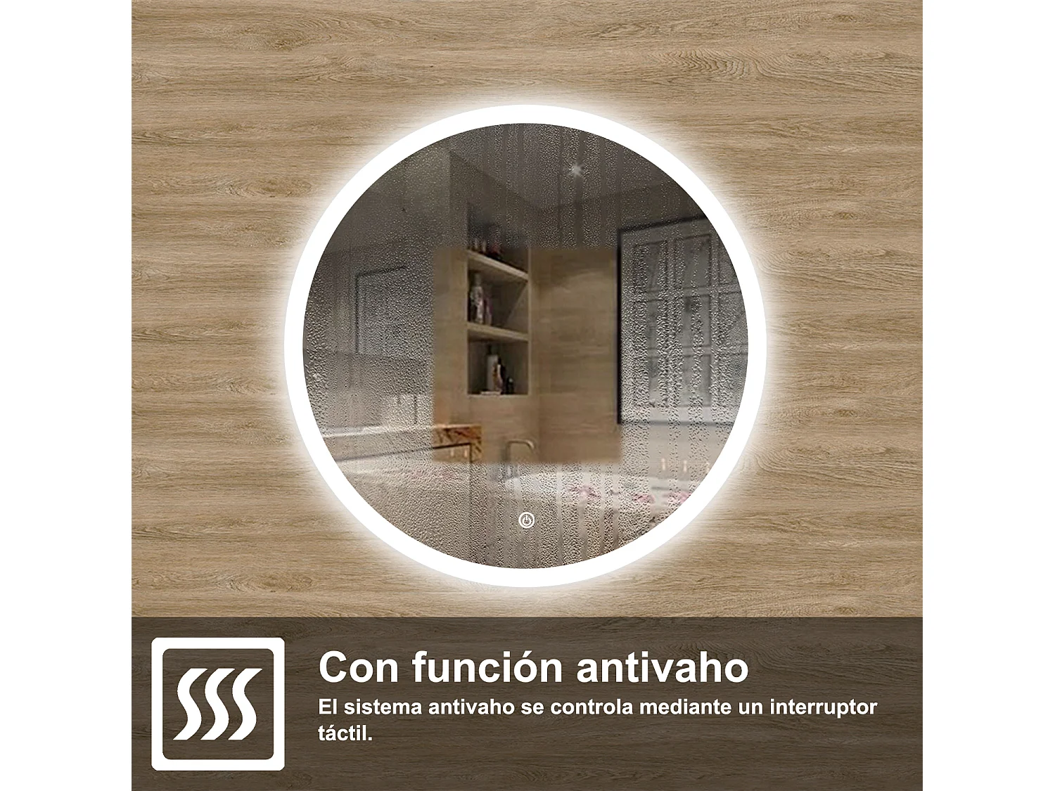 AICA Espejo de baño con iluminación LED Espejo redondo,60 cm,  antivaho, brillo ajustable, memoria de apagado