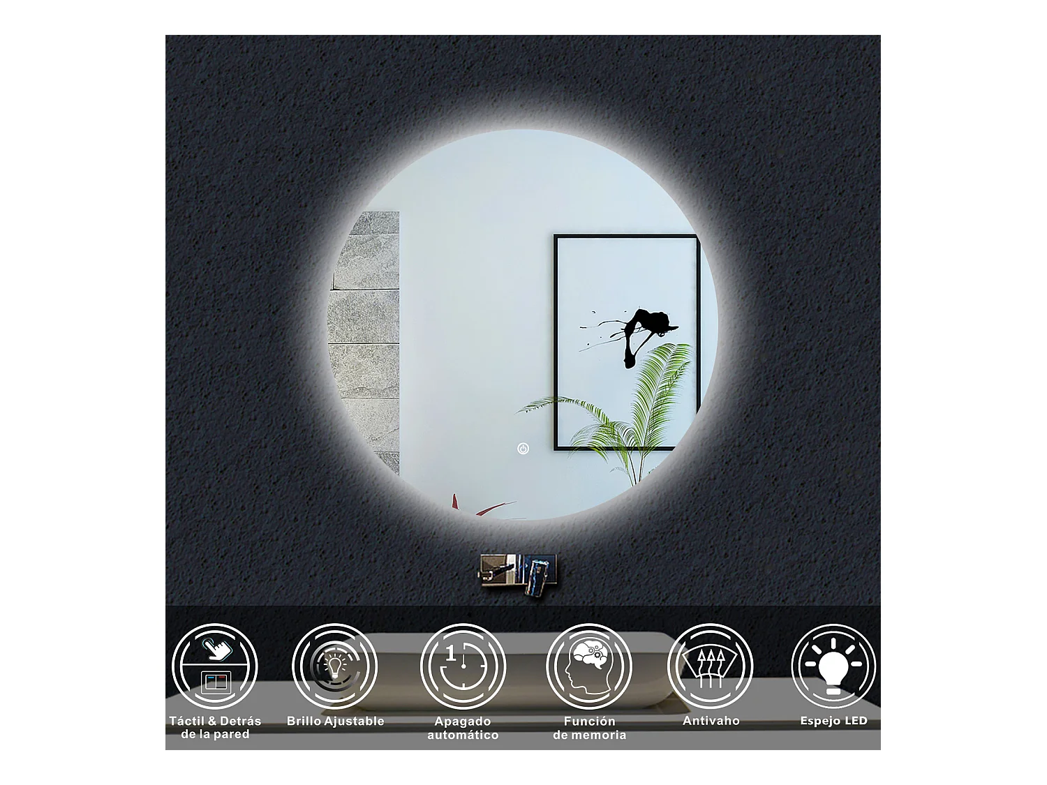 AICA Espejo de baño con iluminación LED Espejo redondo,80 x 80 cm, antivaho, brillo ajustable, memoria de apagado