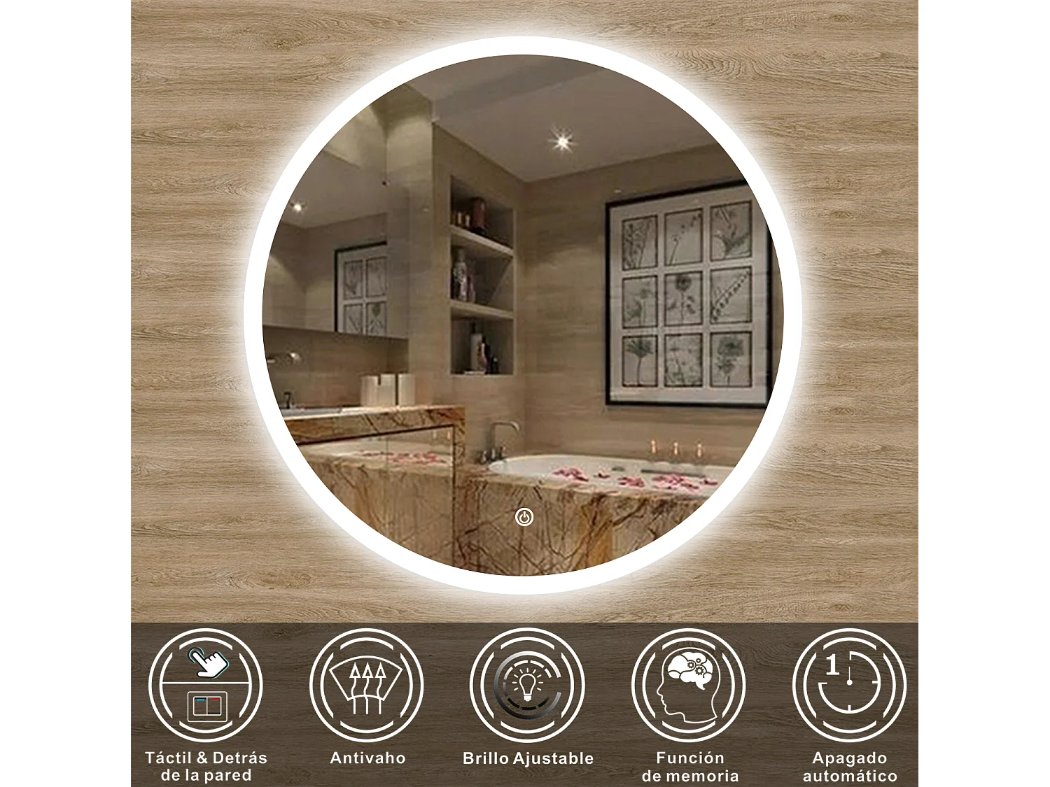 AICA Espejo de baño con iluminación LED Espejo redondo,90 cm, antivaho, brillo ajustable, memoria de apagado