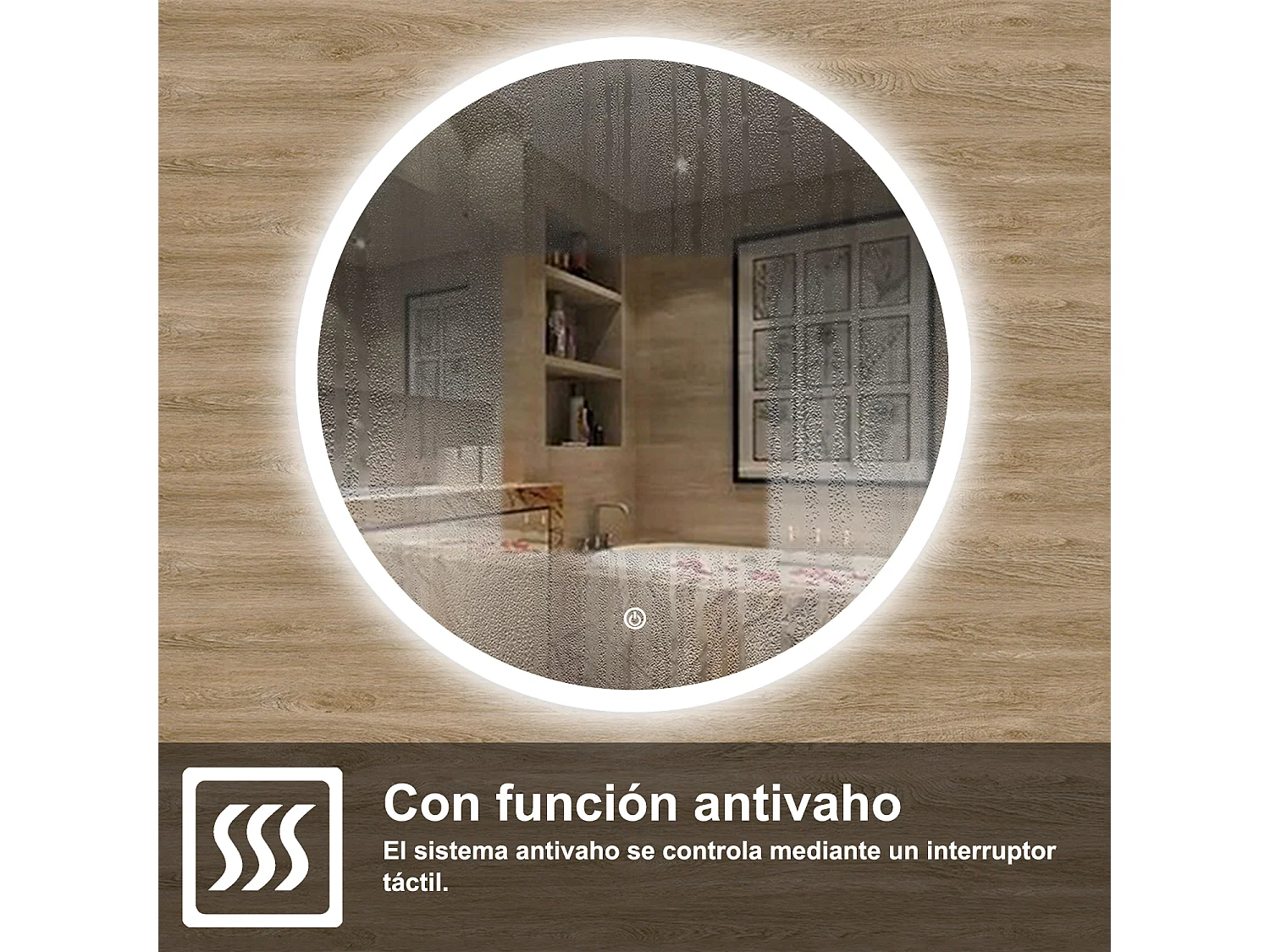 AICA Espejo de baño con iluminación LED Espejo redondo,90 cm, antivaho, brillo ajustable, memoria de apagado