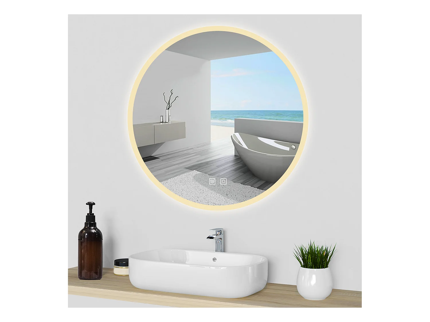 AICA Espejo de baño con iluminación LED Espejo redondo,70 x 70 cm,luz 3 colores, antivaho, brillo ajustable, memoria de apagado