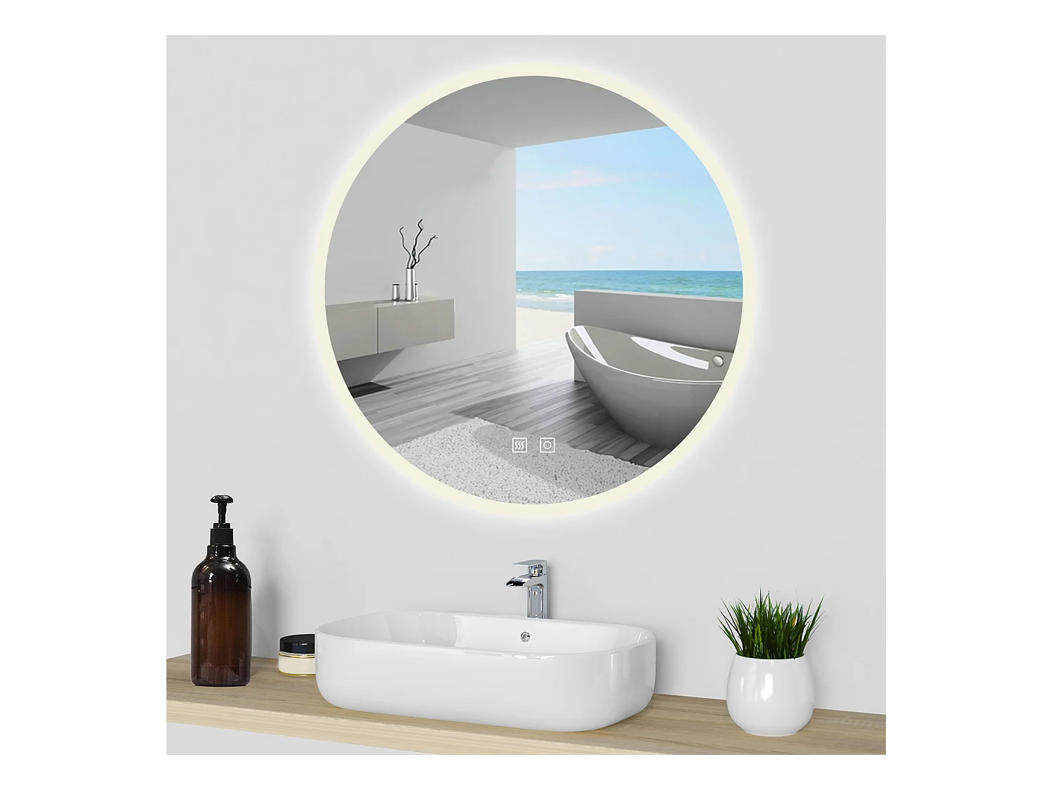 AICA Espejo de baño con iluminación LED Espejo redondo,70 x 70 cm,luz 3 colores, antivaho, brillo ajustable, memoria de apagado