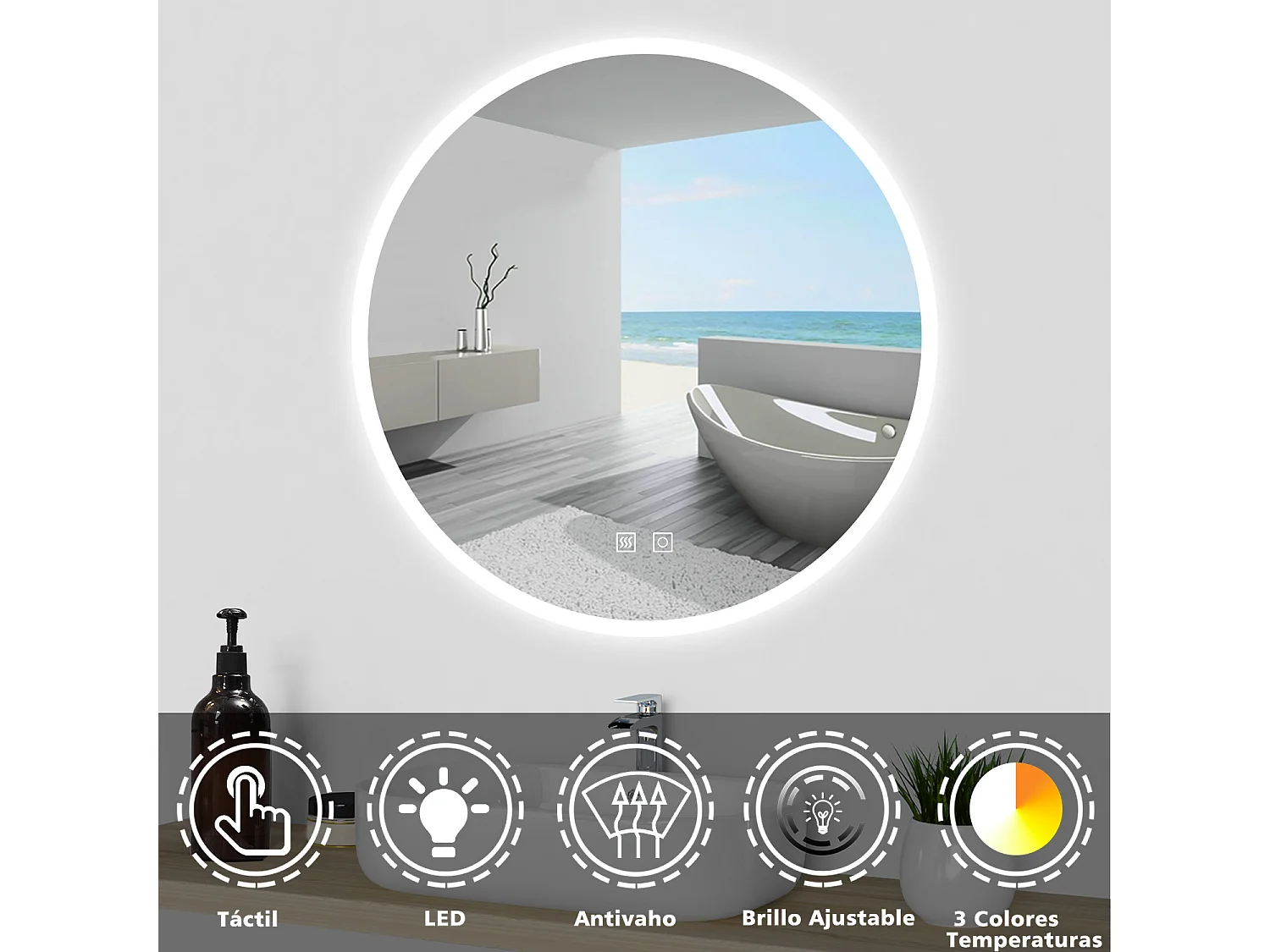 AICA Espejo de baño con iluminación LED Espejo redondo,70 x 70 cm,luz 3 colores, antivaho, brillo ajustable, memoria de apagado