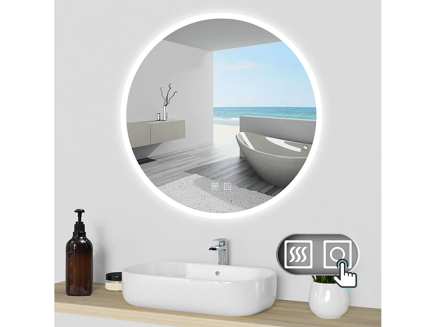 AICA Espejo de baño con iluminación LED Espejo redondo,70 x 70 cm,luz 3 colores, antivaho, brillo ajustable, memoria de apagado