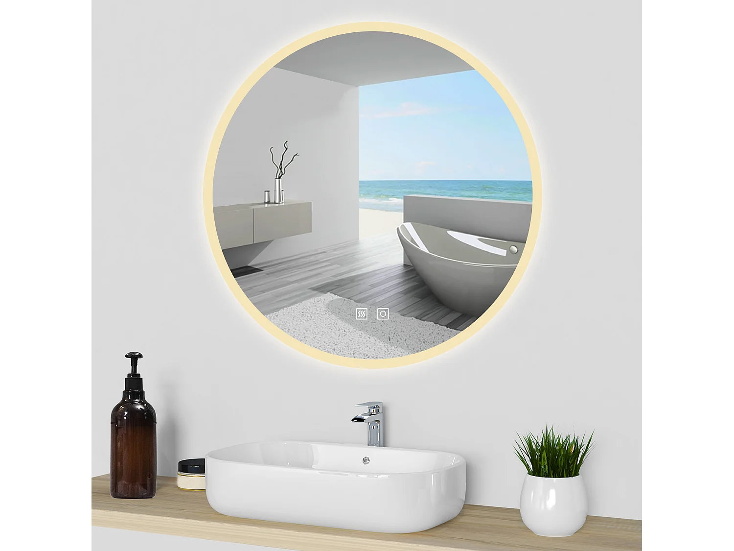 AICA Espejo de baño con iluminación LED Espejo redondo,70 x 70 cm,luz 3 colores, antivaho, brillo ajustable, memoria de apagado