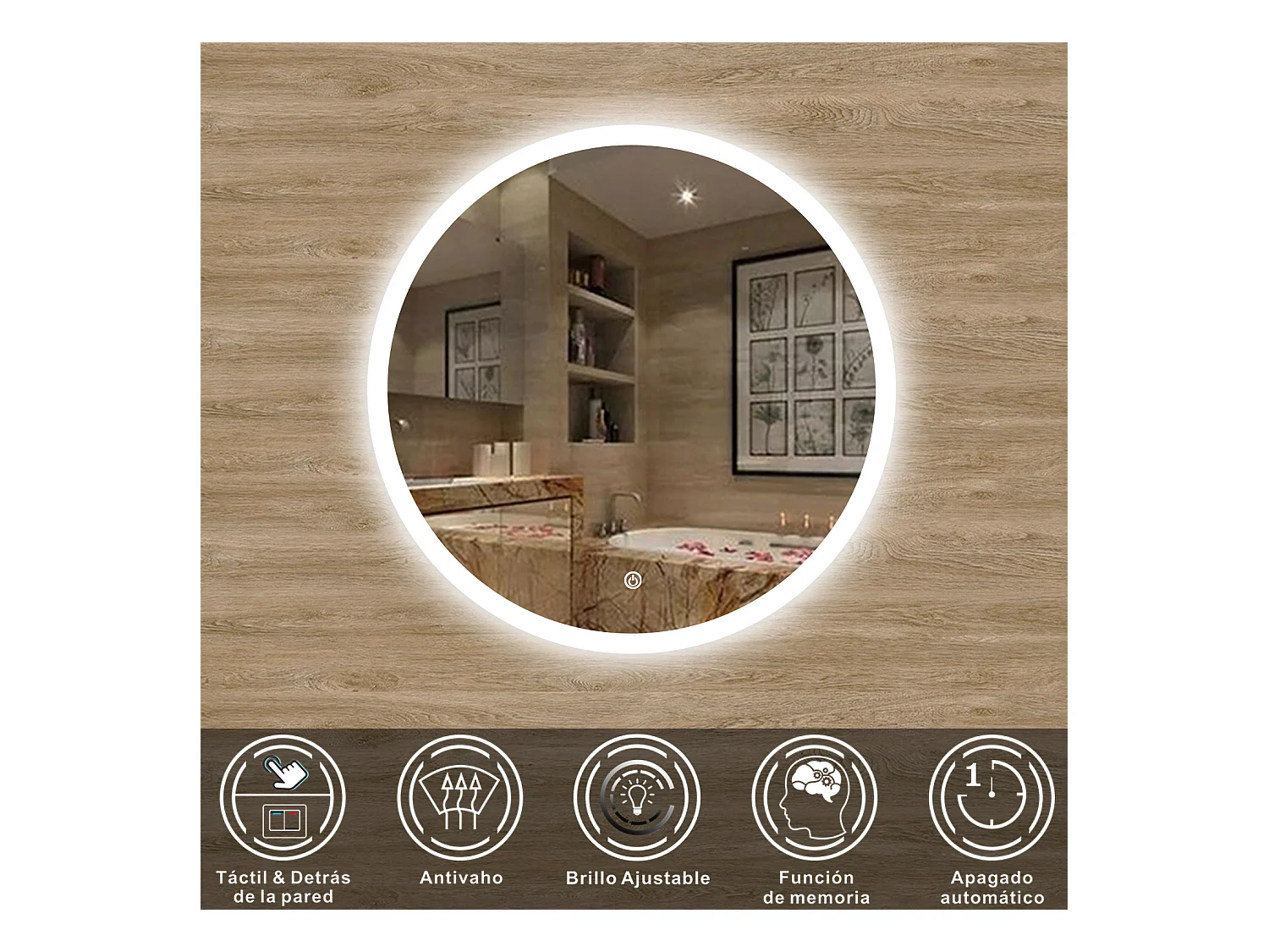 AICA Espejo de baño con iluminación LED Espejo redondo,70 cm, antivaho, brillo ajustable, memoria de apagado