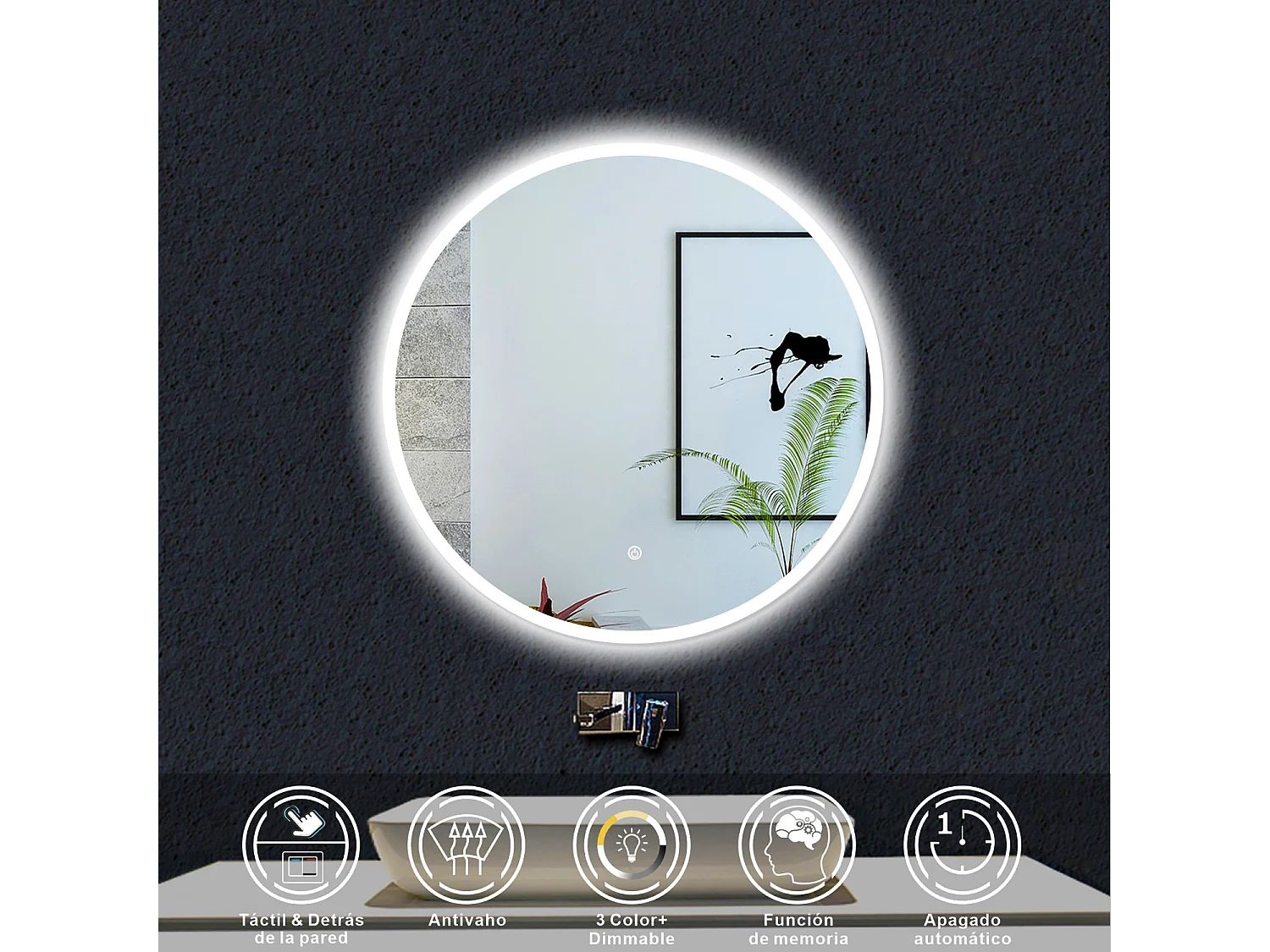 AICA Espejo de baño con iluminación LED Espejo redondo,80 cm,luz 3 colores, antivaho, brillo ajustable, memoria de apagado