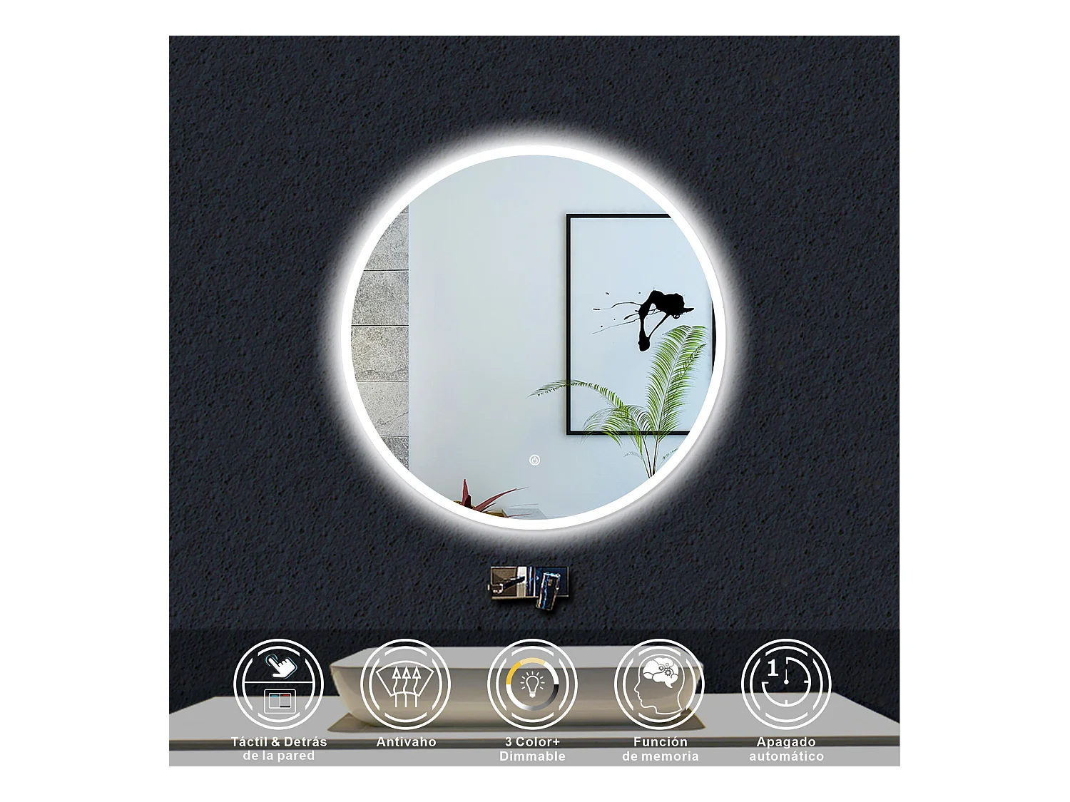 AICA Espejo de baño con iluminación LED Espejo redondo,60 cm, luz 3 colores, antivaho, brillo ajustable, memoria de apagado