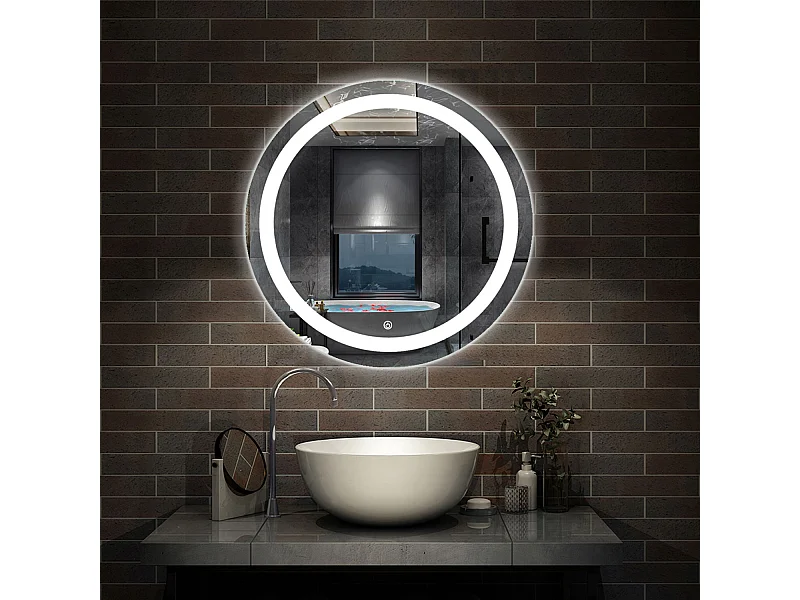 AICA Espejo de baño con iluminación LED Espejo redondo,80 cm, antivaho, brillo ajustable, memoria de apagado