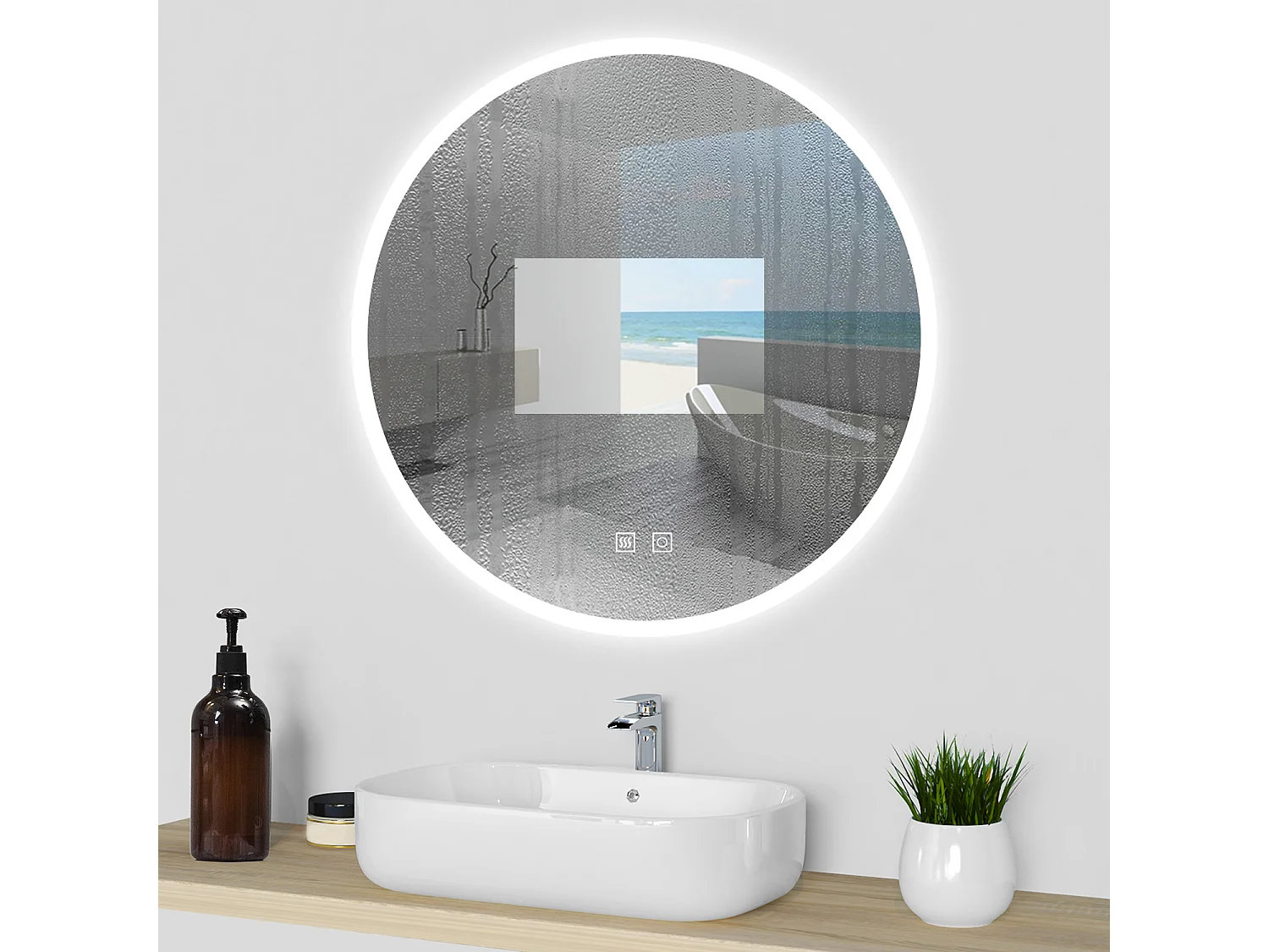 AICA Espejo de baño con iluminación LED Espejo redondo,60 x 60 cm, luz 3 colores, antivaho, brillo ajustable, memoria de apagado